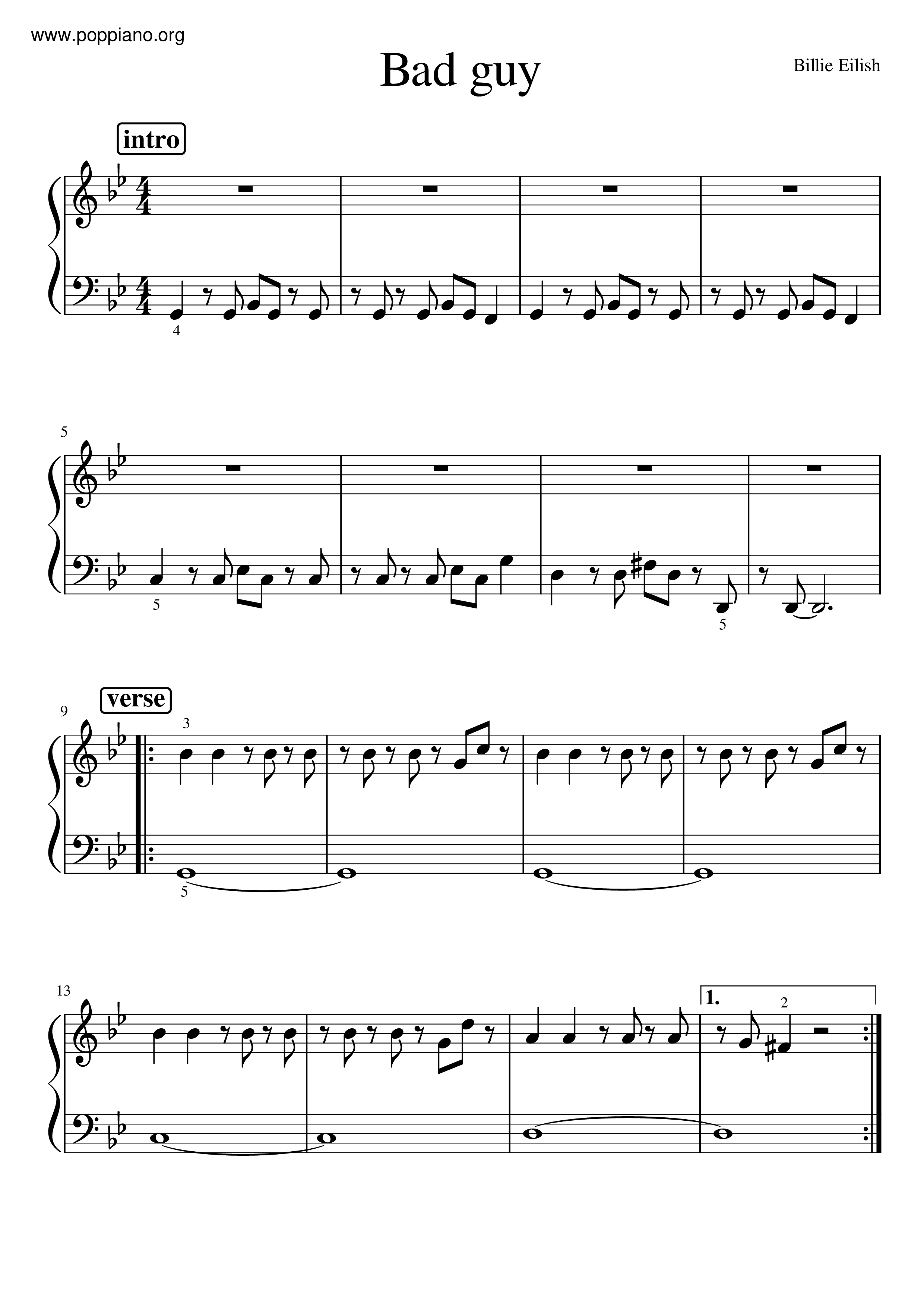 Billie Eilish Bad Guy Sheet Music Pdf Free Score Download
