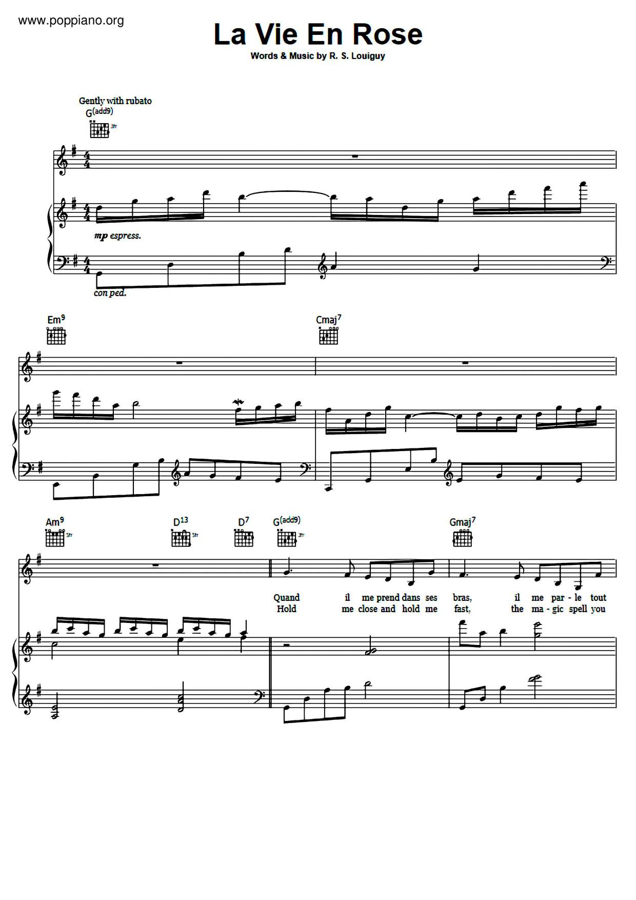 Edith Piaf La Vie En Rose Sheet Music Pdf Free Score Download
