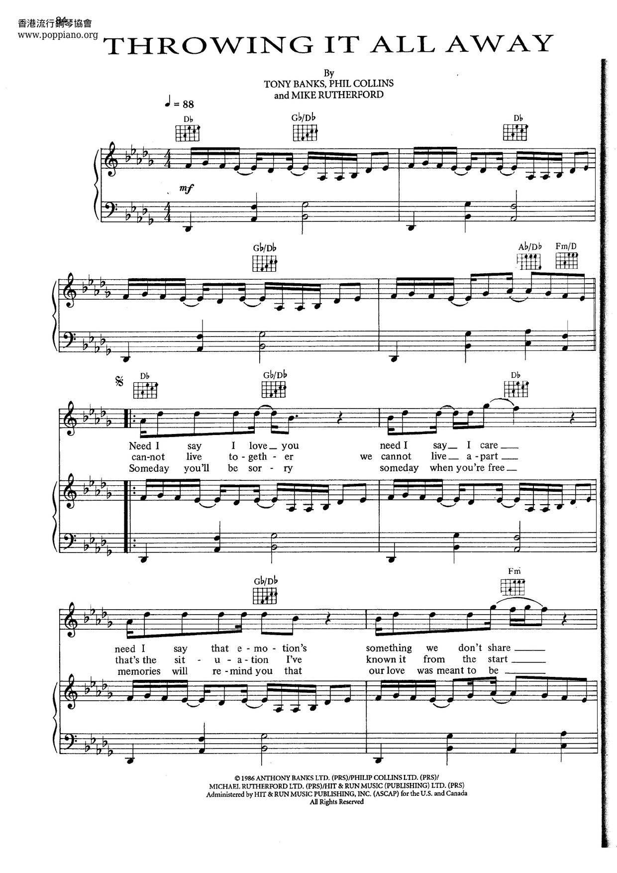 GenesisThrowing It All Away 琴譜/五線譜pdf香港流行鋼琴協會琴譜下載 ★