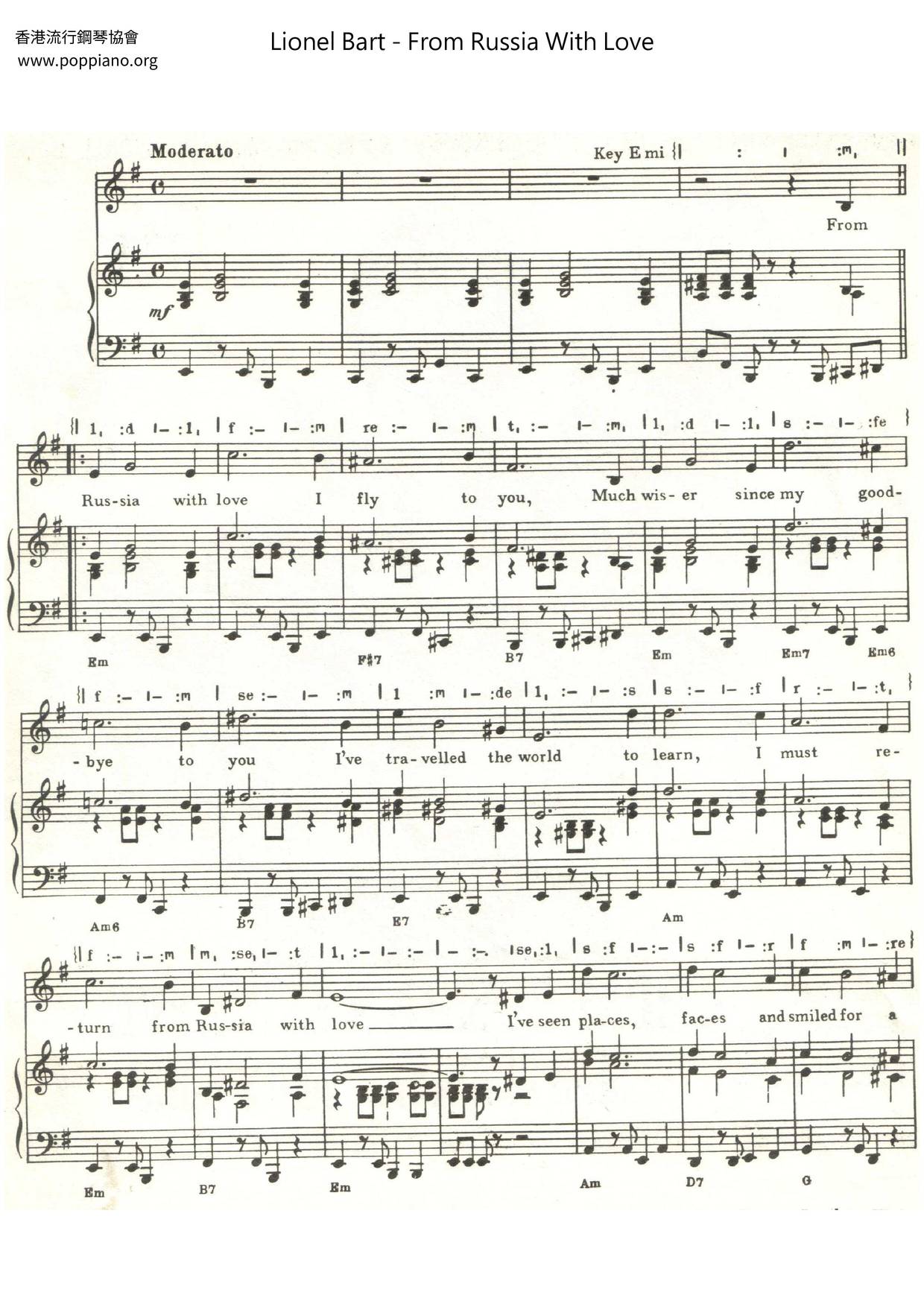 Lionel Bart From Russia With Love Sheet Music Pdf Free Score Download
