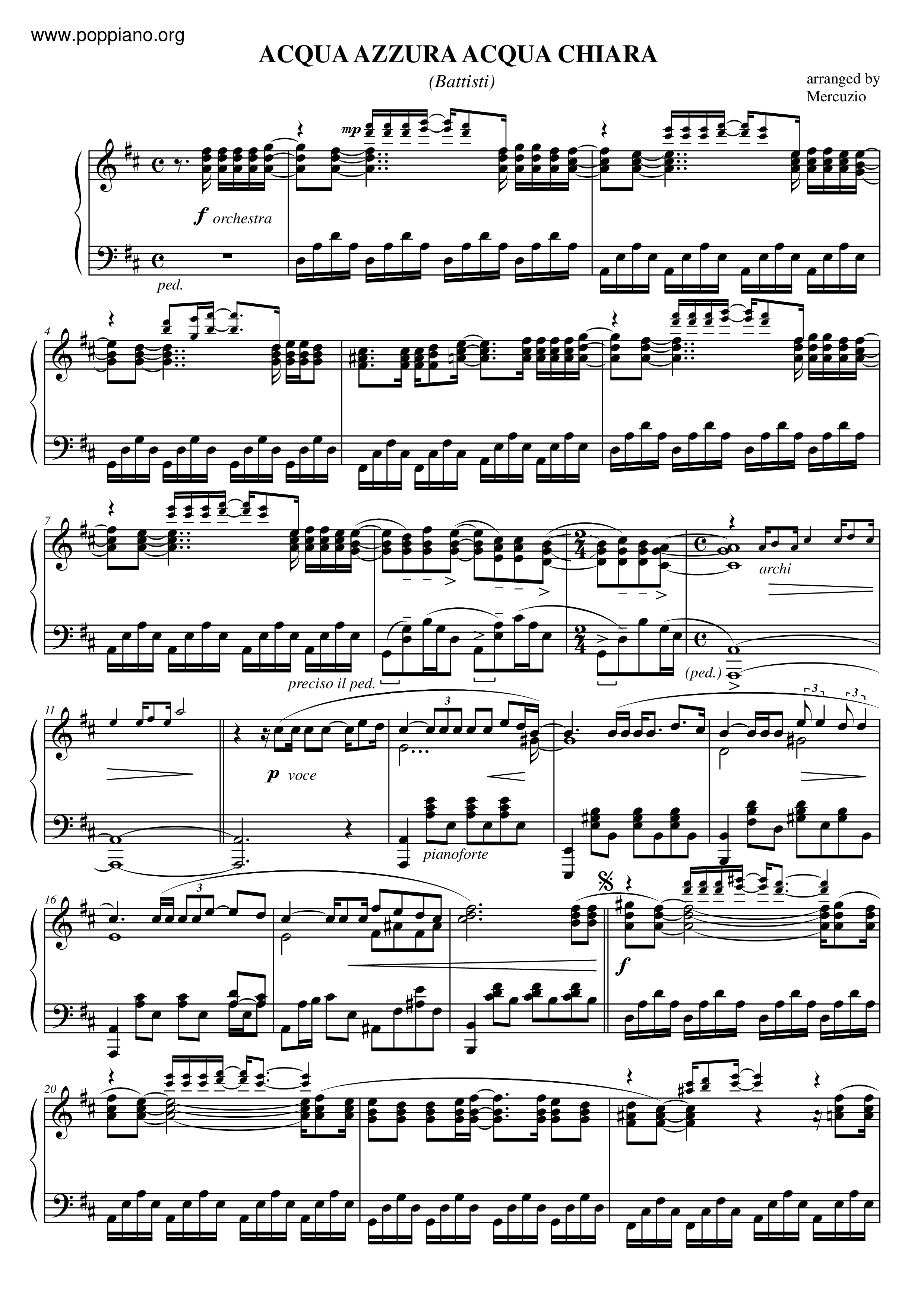 Lucio BattistiAcqua Azzurra Acqua Chiara 琴谱/五线谱pdf香港流行钢琴协会琴谱下载 ★