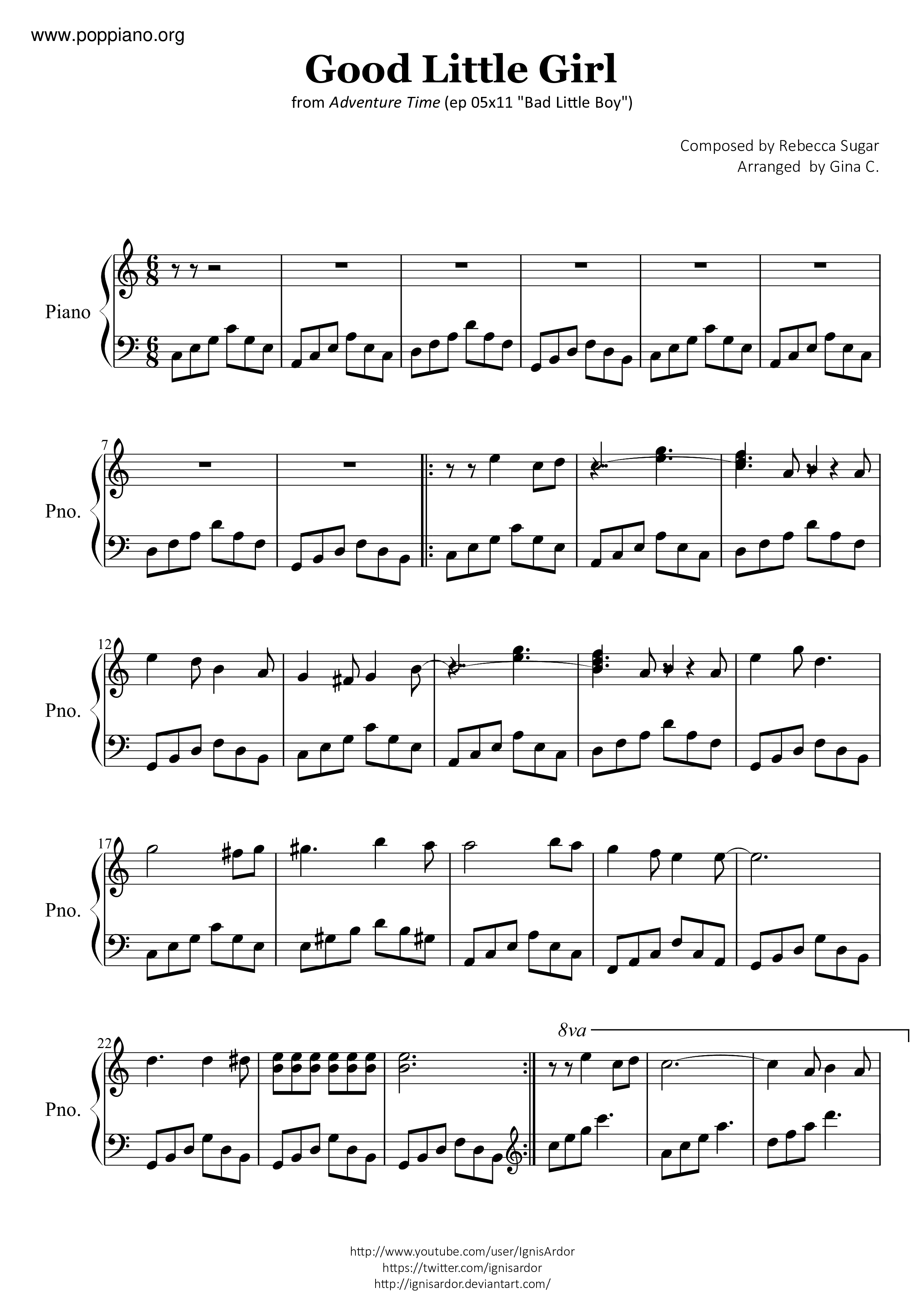 Adventure Time Good Little Girl 琴谱 五线谱pdf 香港流行钢琴协会琴谱下载