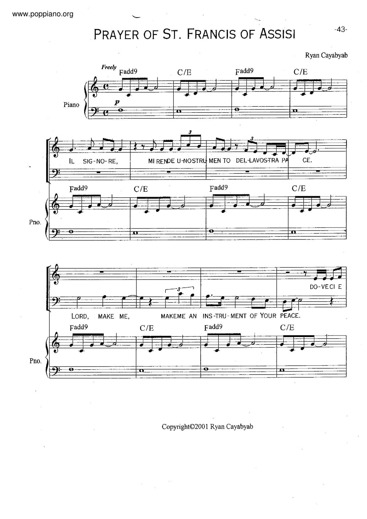 Ryan Cayabyab Prayer Of St Francis Of Assisi Sheet Music Pdf Free Score Download
