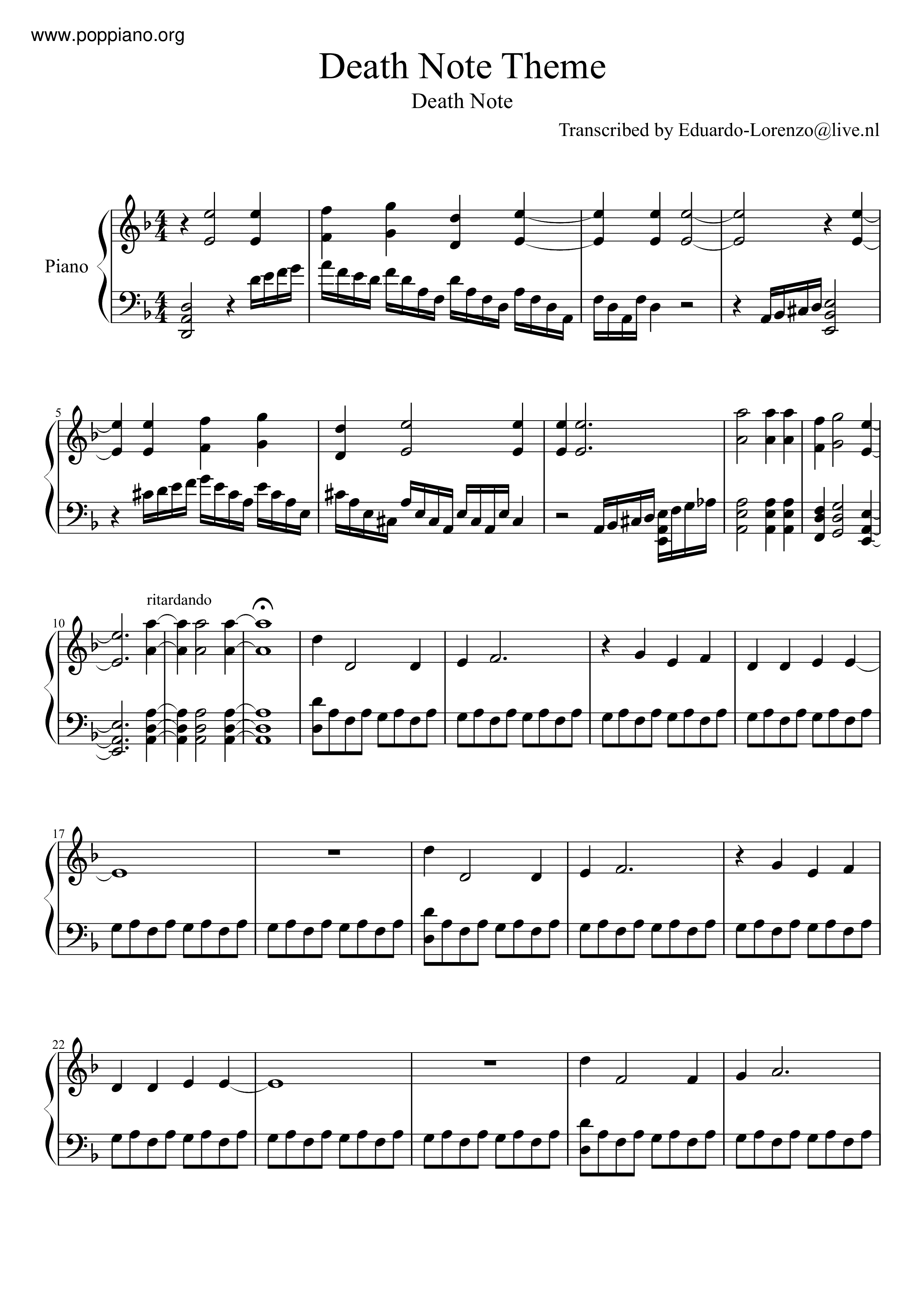 Death NoteDeath Note Theme Sheet Music pdf, Free Score Download ★