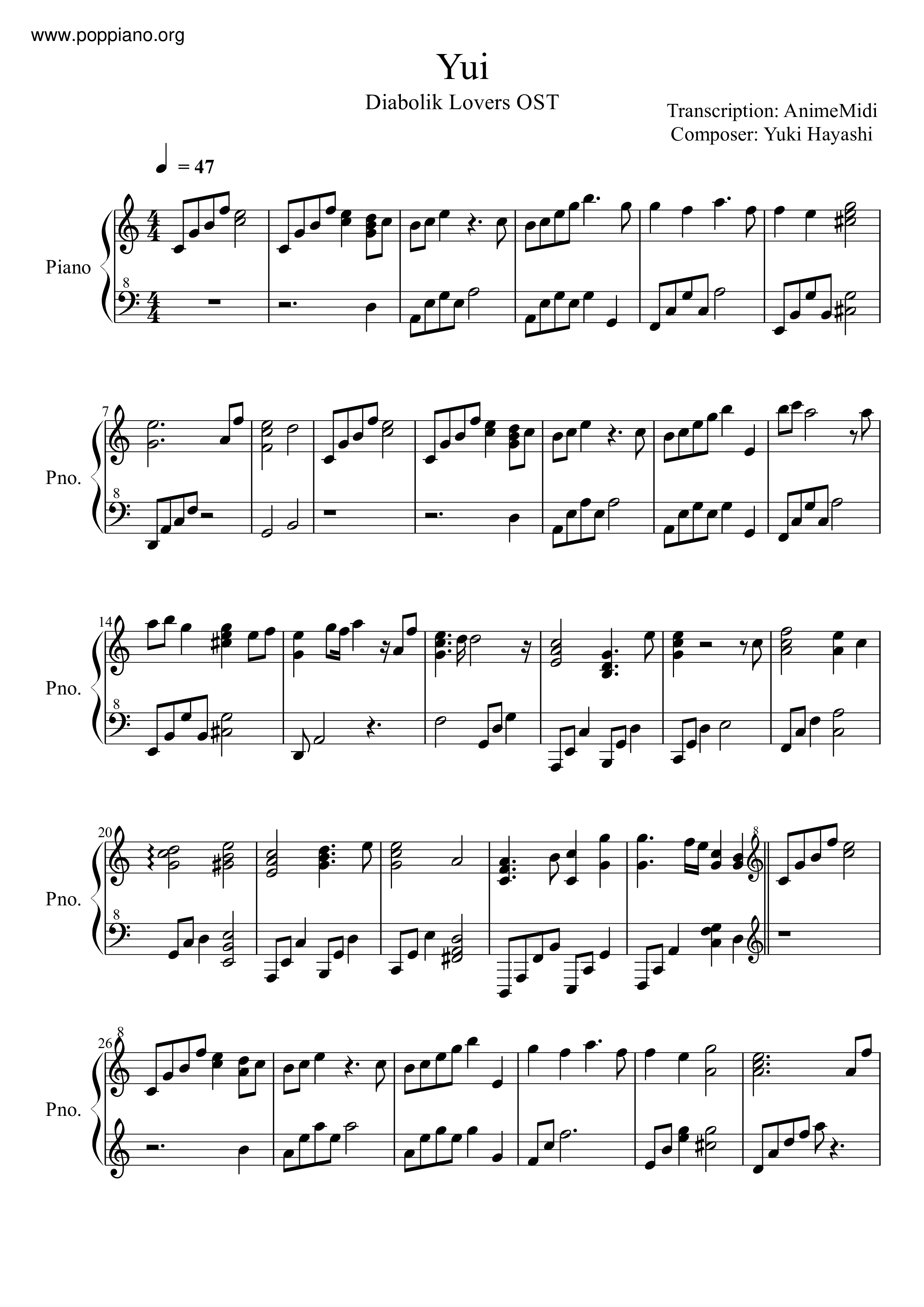 Diabolik Lovers Yui S Theme ピアノ譜pdf 香港ポップピアノ協会 無料pdf楽譜ダウンロード Gakufu