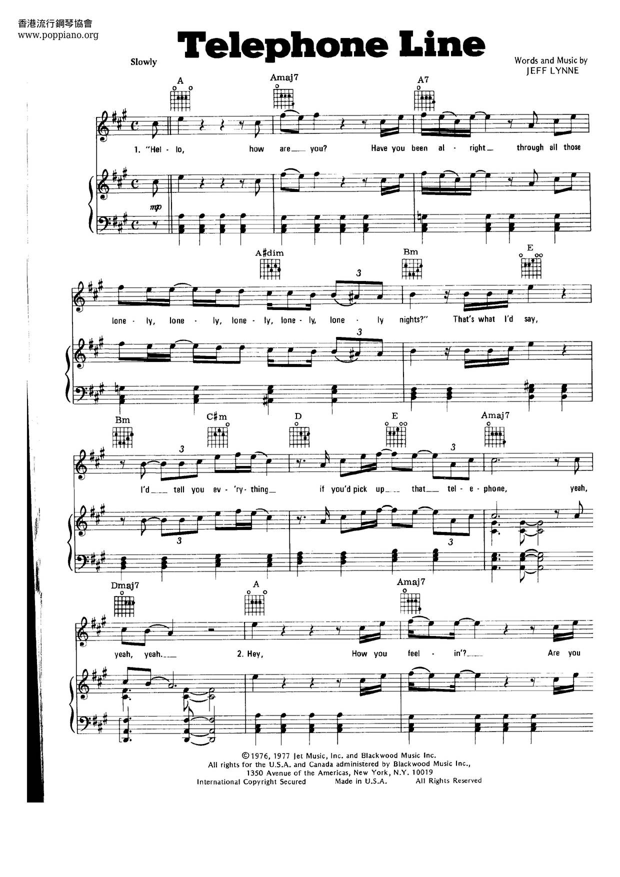 Electric Light Orchestra Telephone Line Sheet Music Notes, Chords