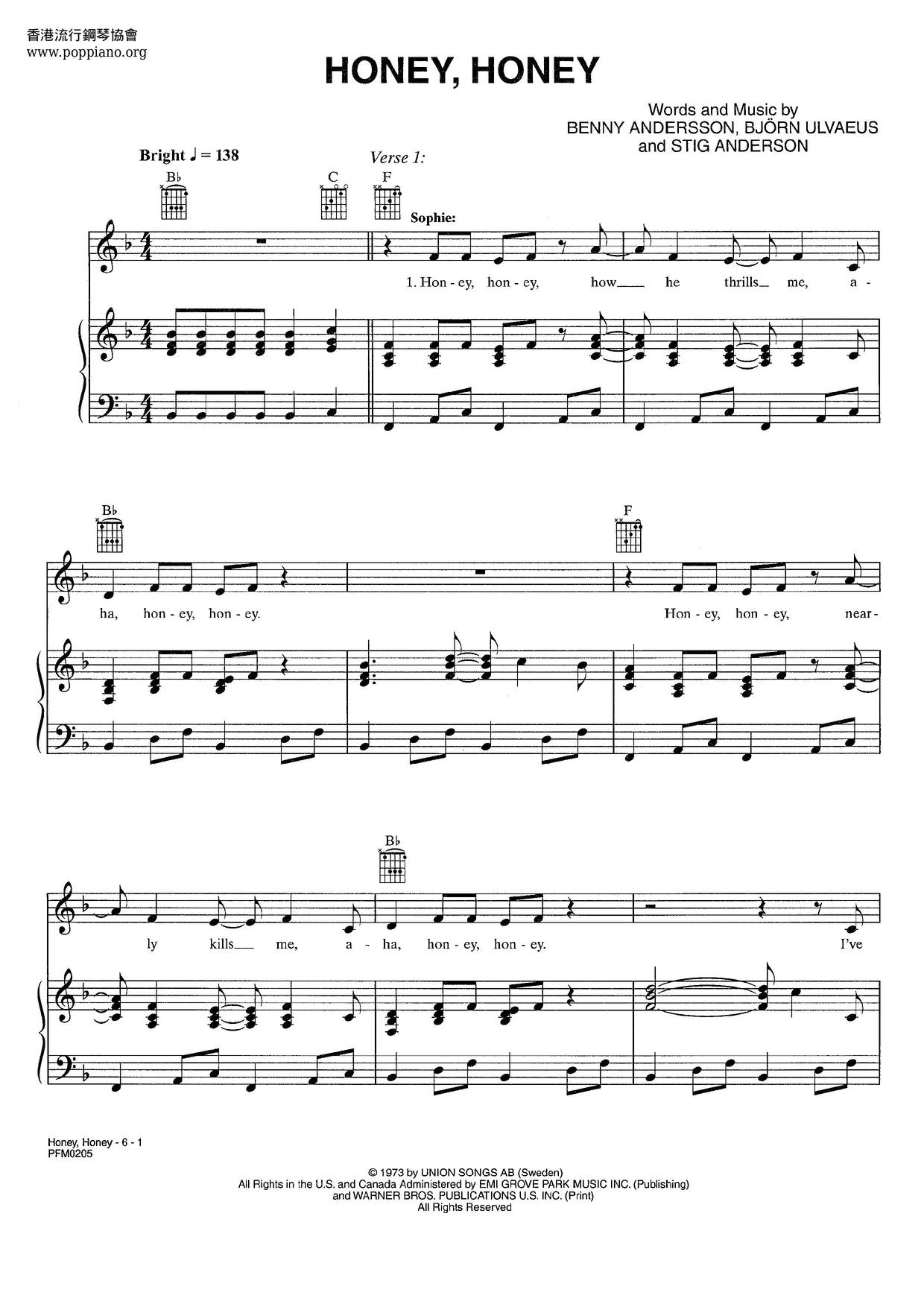 ABBAHoney, Honey Sheet Music pdf, Free Score Download ★