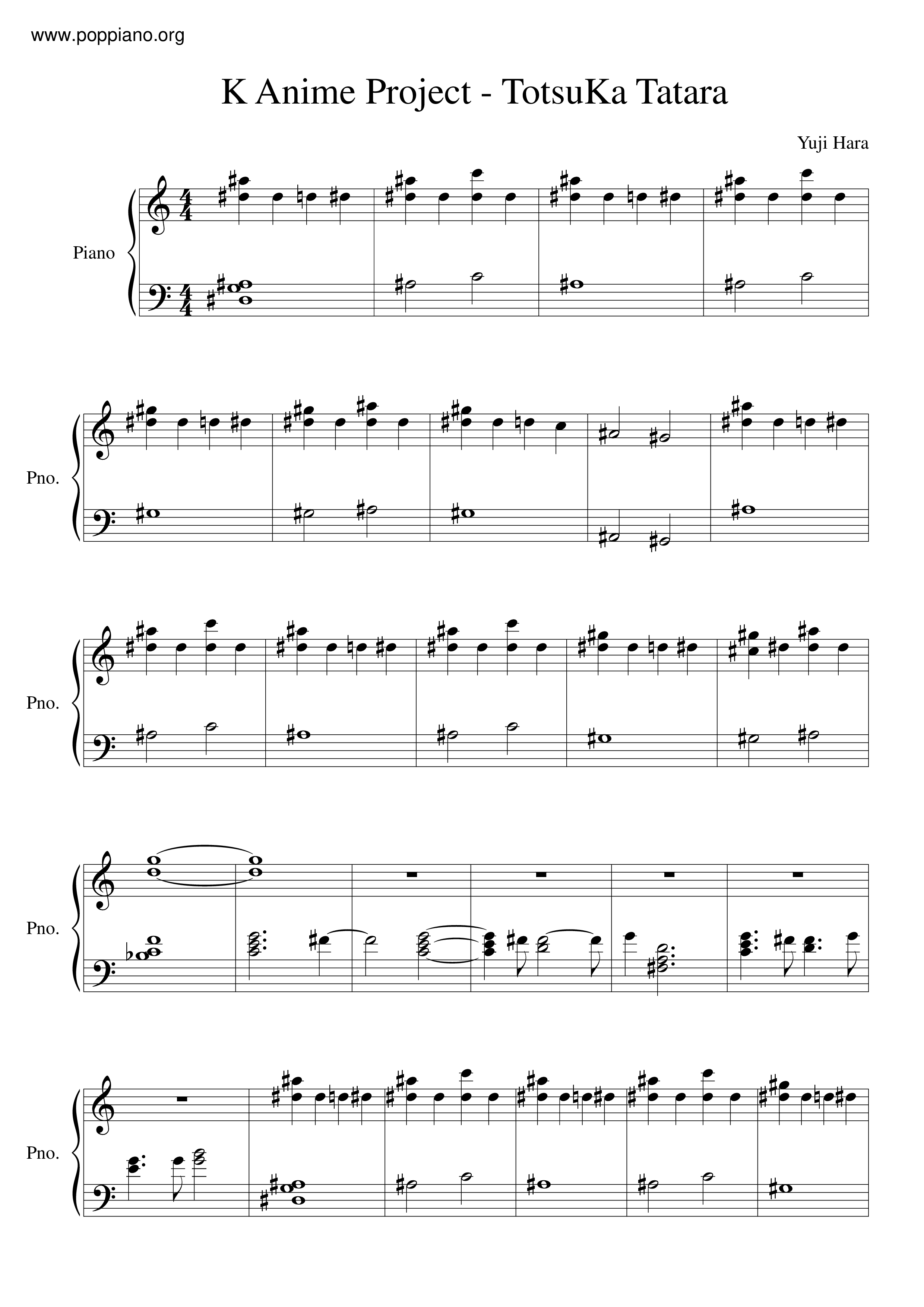 K Anime Project Totsuka Tatara 十束 多々良 Sheet Music Pdf Free Score Download