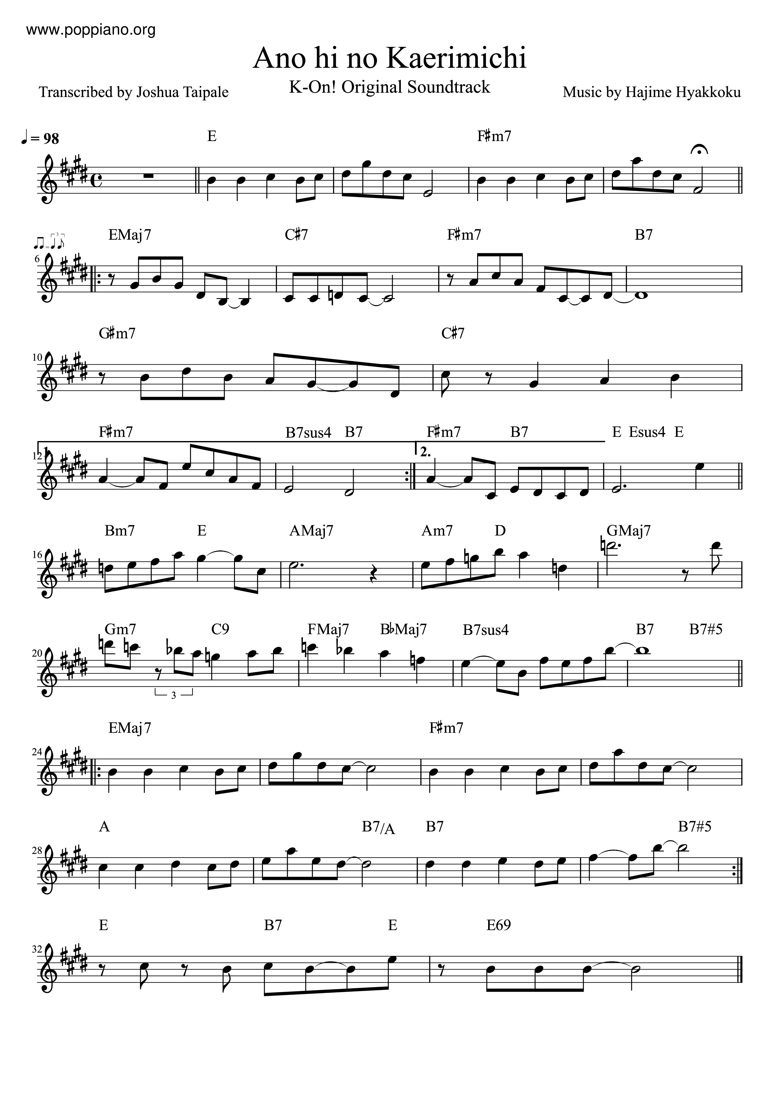Ano Hi No Kaerimichi琴譜