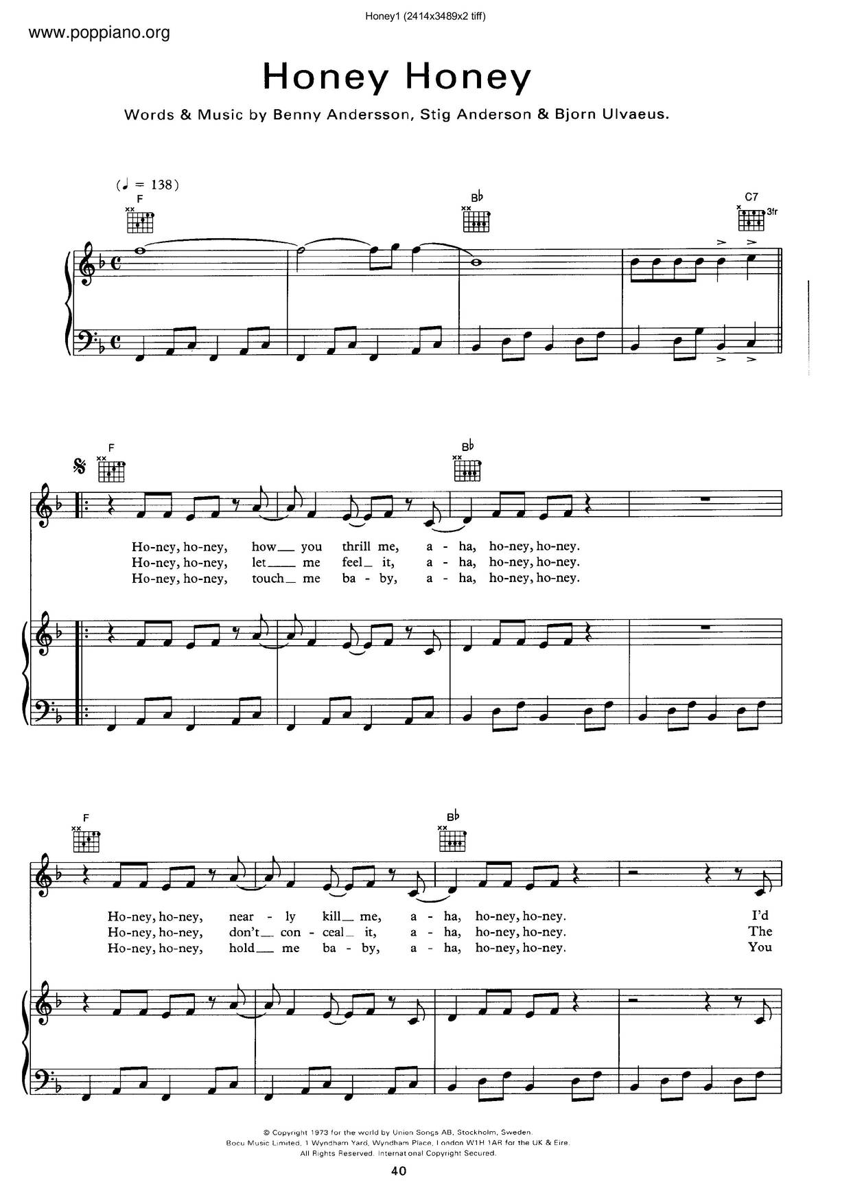 ABBAHoney Honey 琴譜/五線譜pdf香港流行鋼琴協會琴譜下載 ★