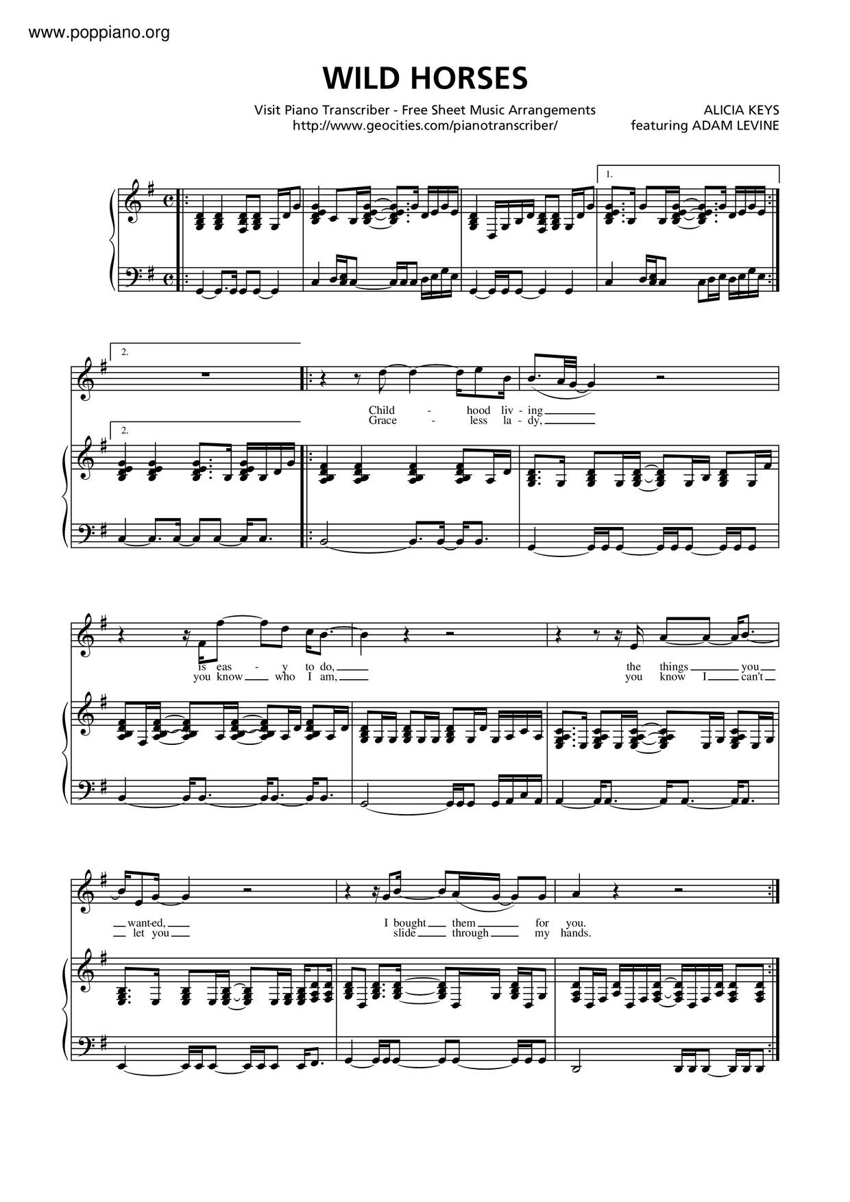 Alicia Keys, Adam LevineWild Horses Sheet Music pdf, Free Score