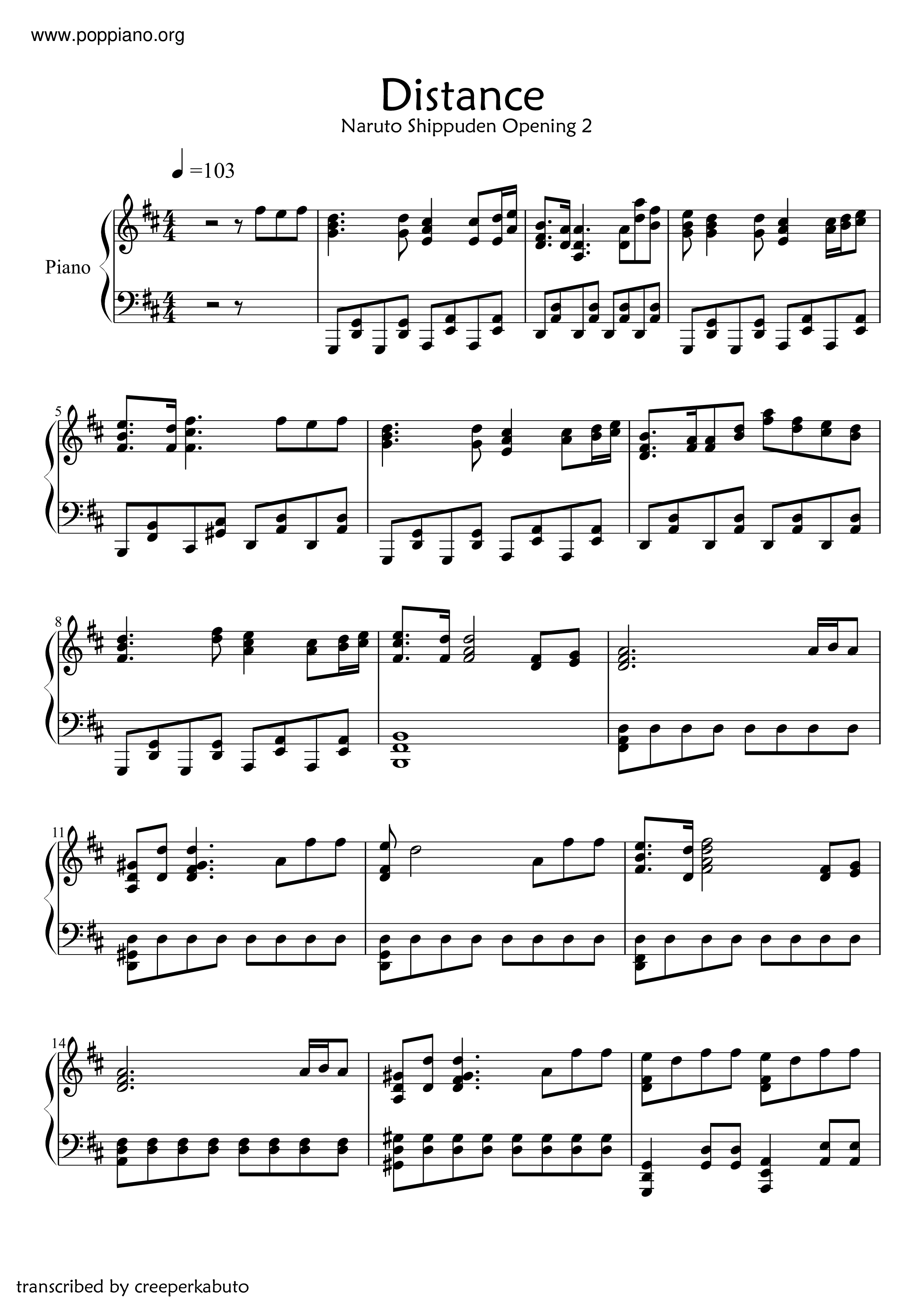 Naruto Shippuden Distance Sheet Music Pdf Free Score Download