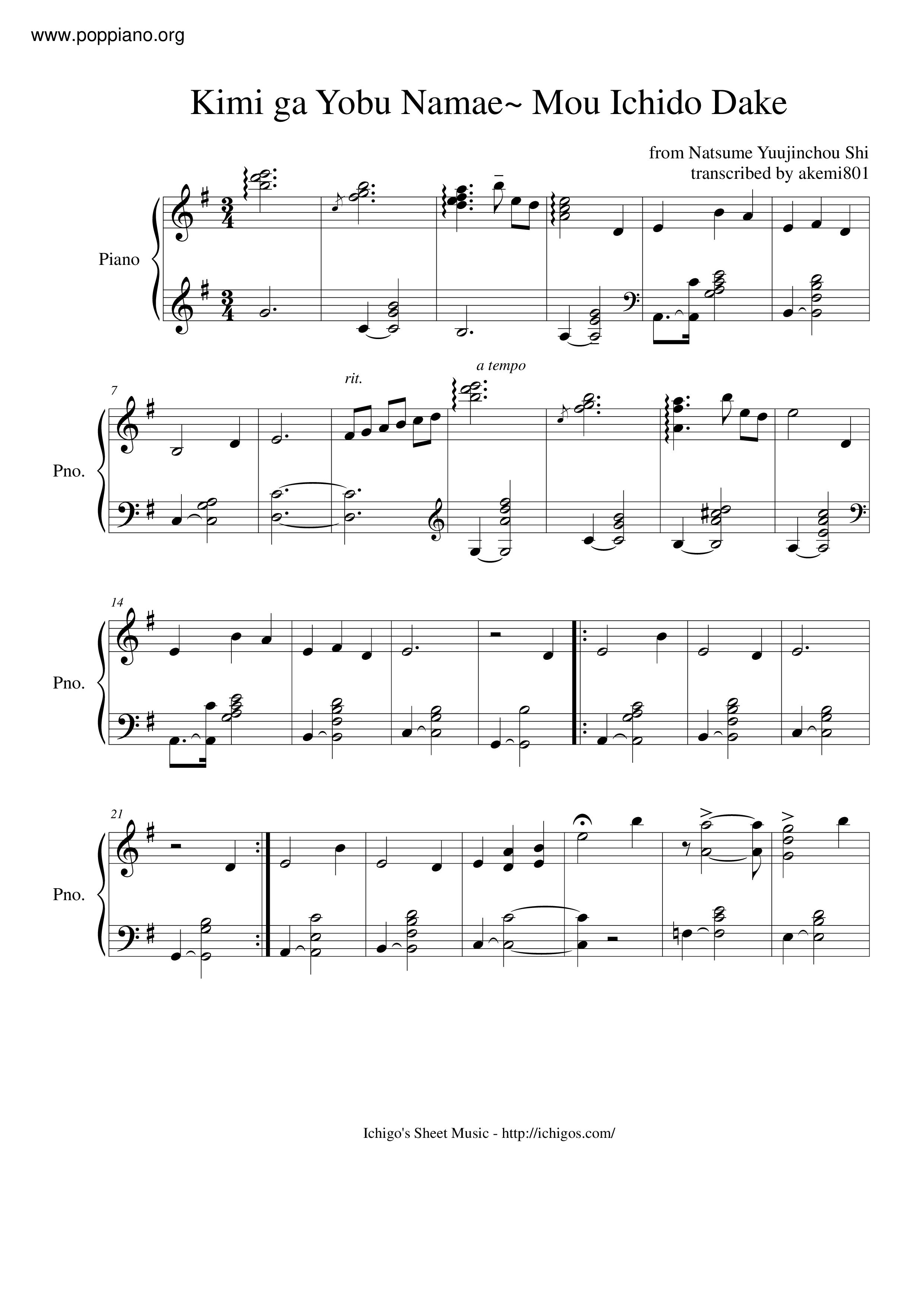 Kimi Ga Yobu Namae~Mou Ichido Dake琴譜