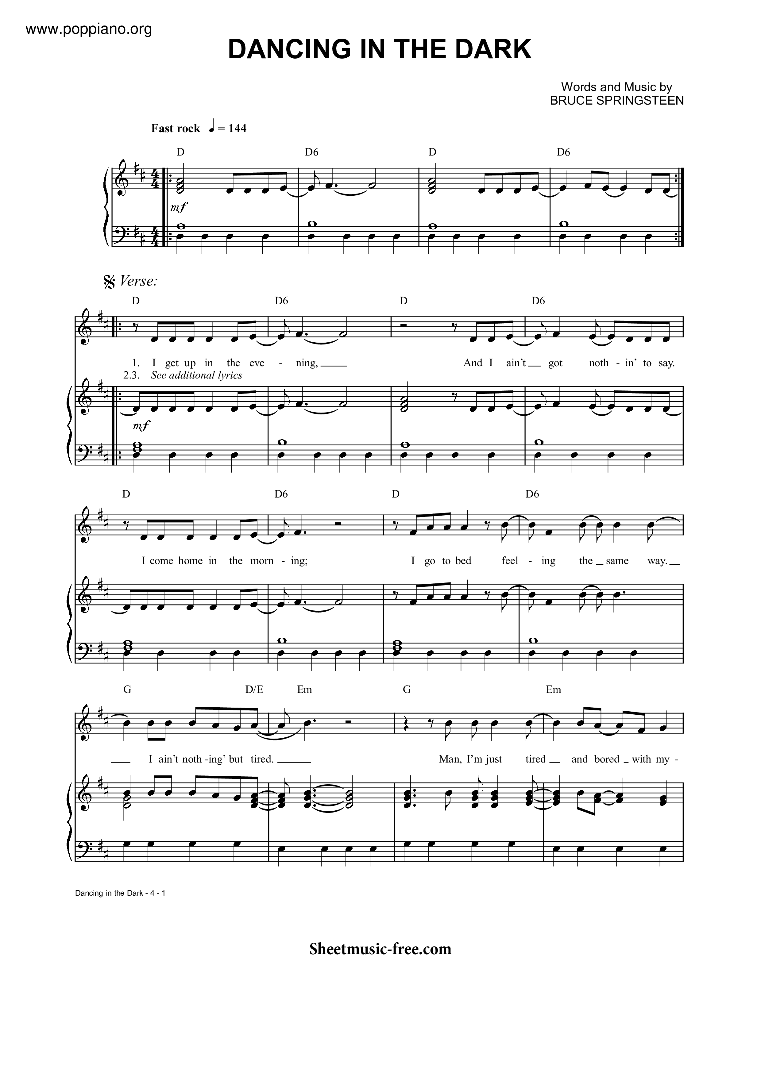 Bruce Springsteen Dancing In The Dark 琴譜 五線譜pdf 香港流行鋼琴協會琴譜下載
