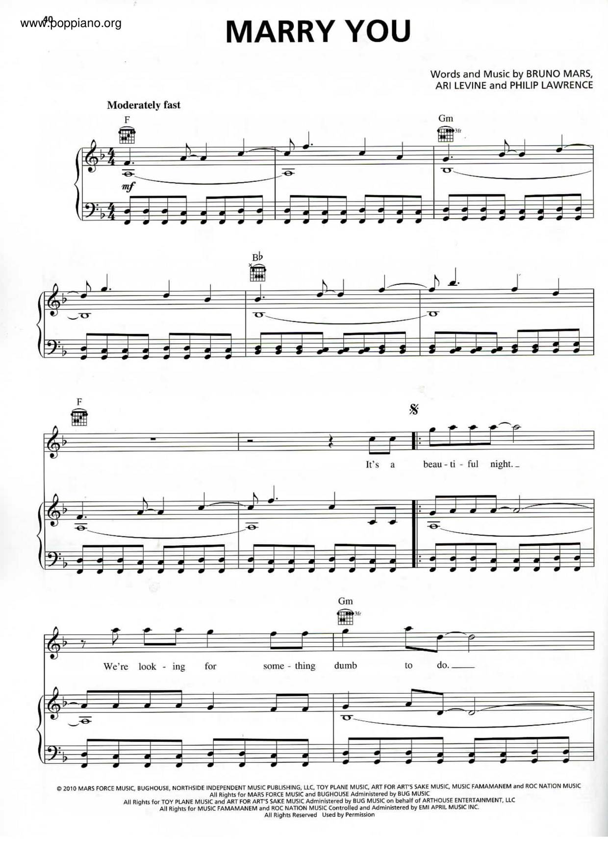 Bruno Mars Marry You Sheet Music Pdf Free Score Download