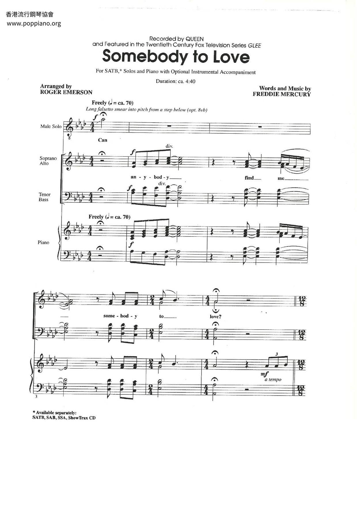 ☆ Queen-Somebody To Love Sheet Music (クイーン) Free Download ☆