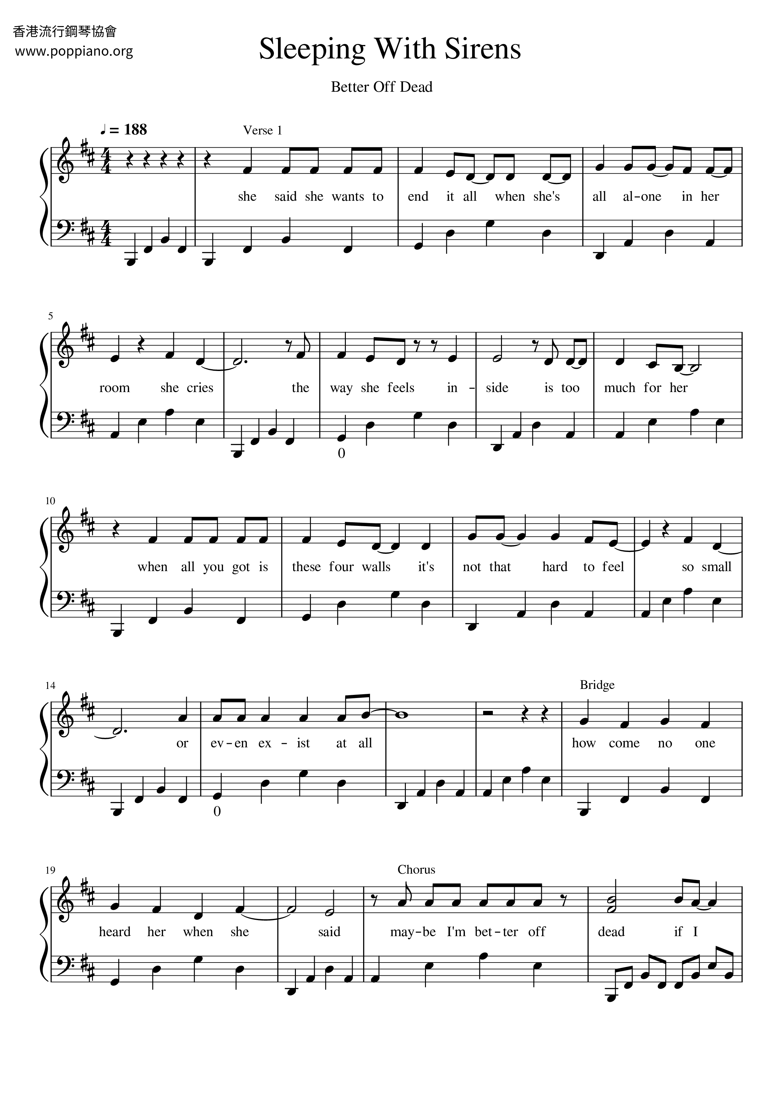 Sleeping With SirensBetter Off Dead Sheet Music pdf, Free Score
