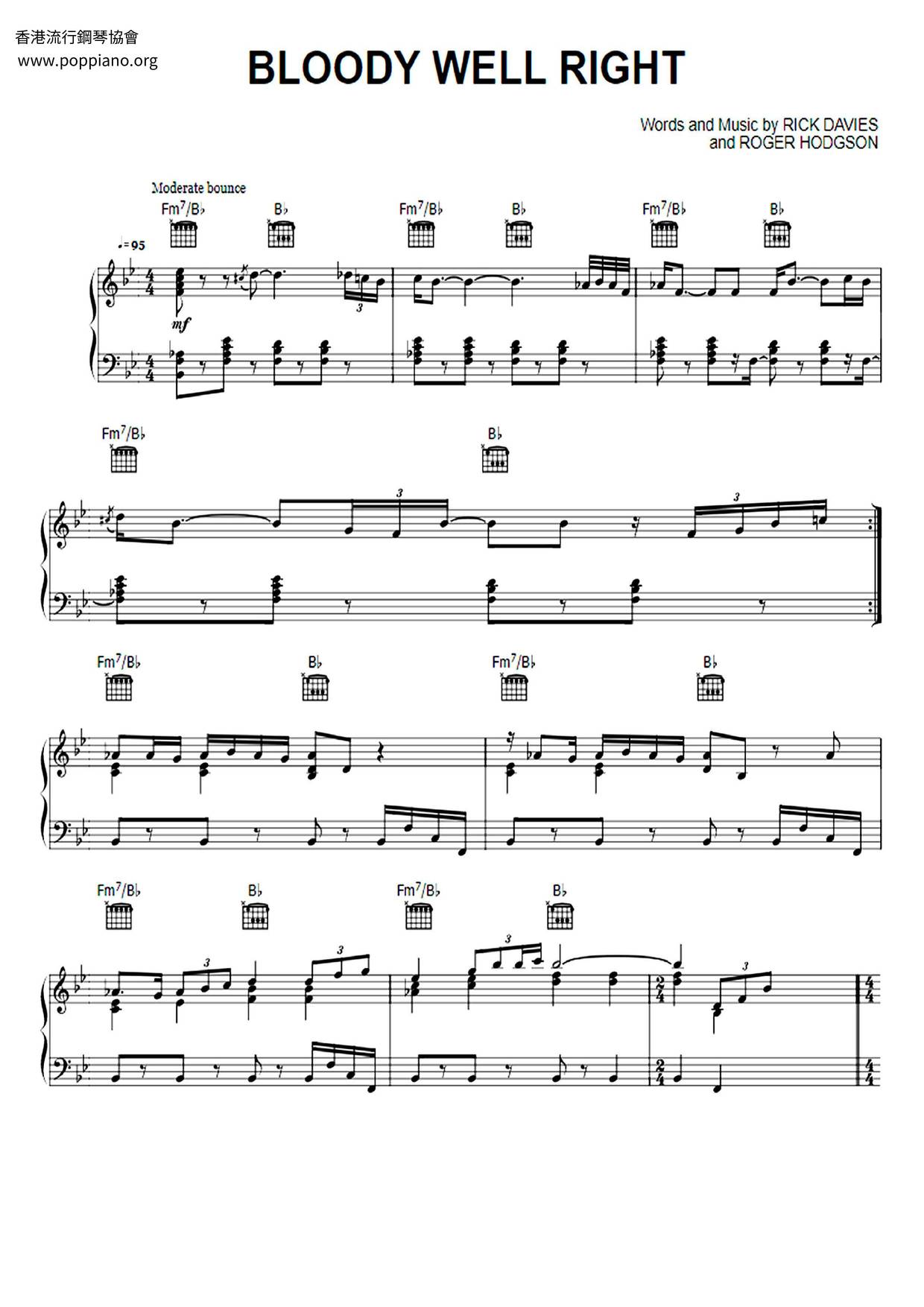 SupertrampBloody Well Right Sheet Music pdf,