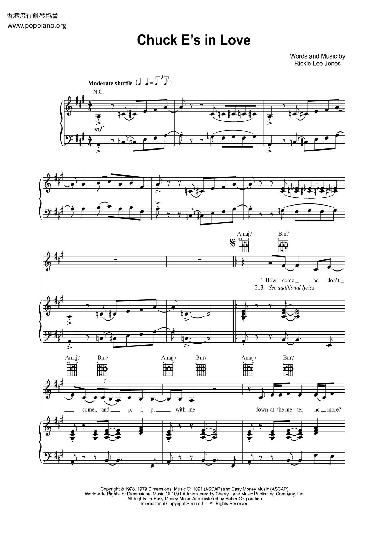Rickie Lee Jones-Chuck E's In Love 琴谱/五线谱pdf-香港流行钢琴协会琴谱下载 ★
