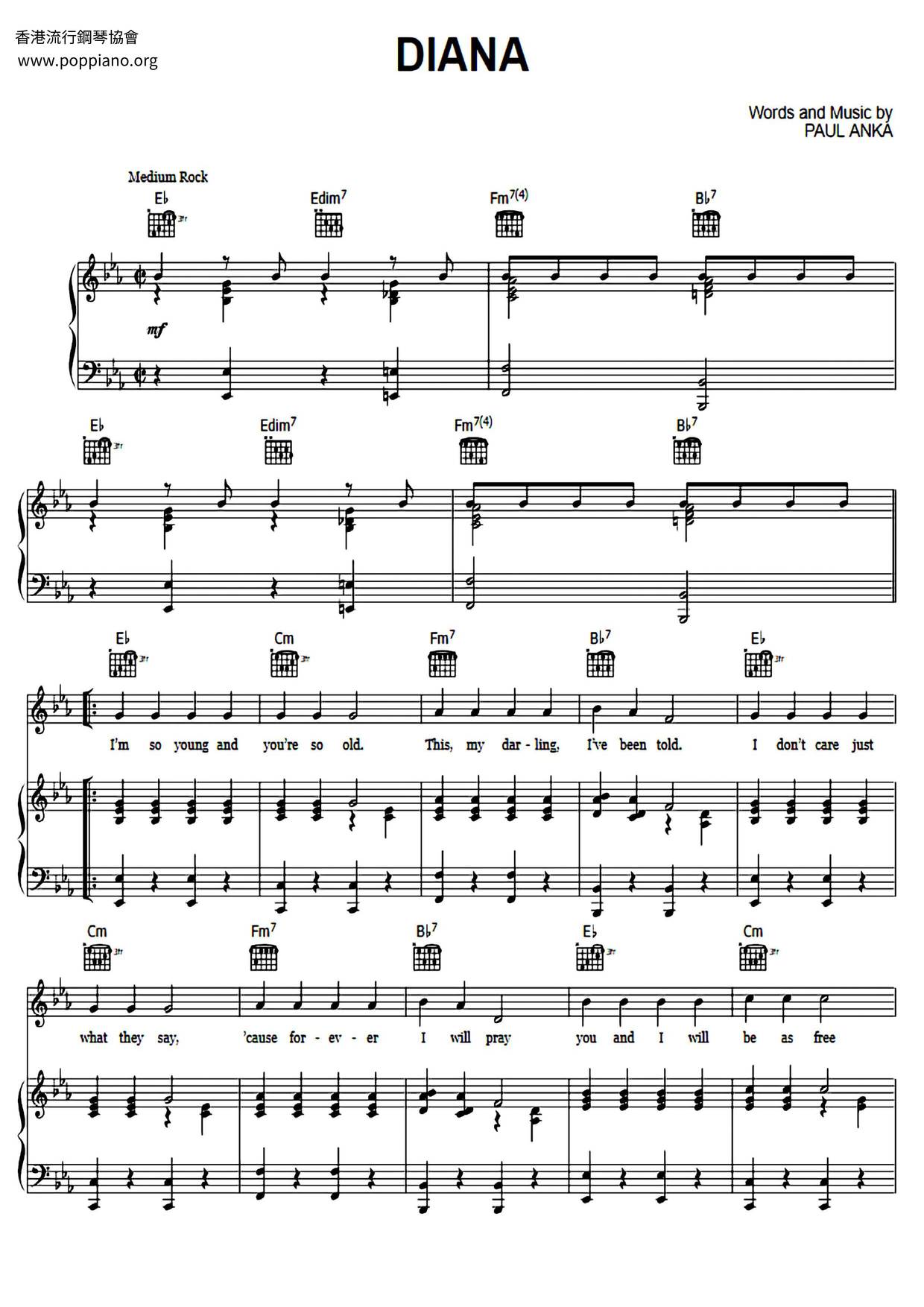 Paul Anka Diana Sheet Music Pdf Free Score Download