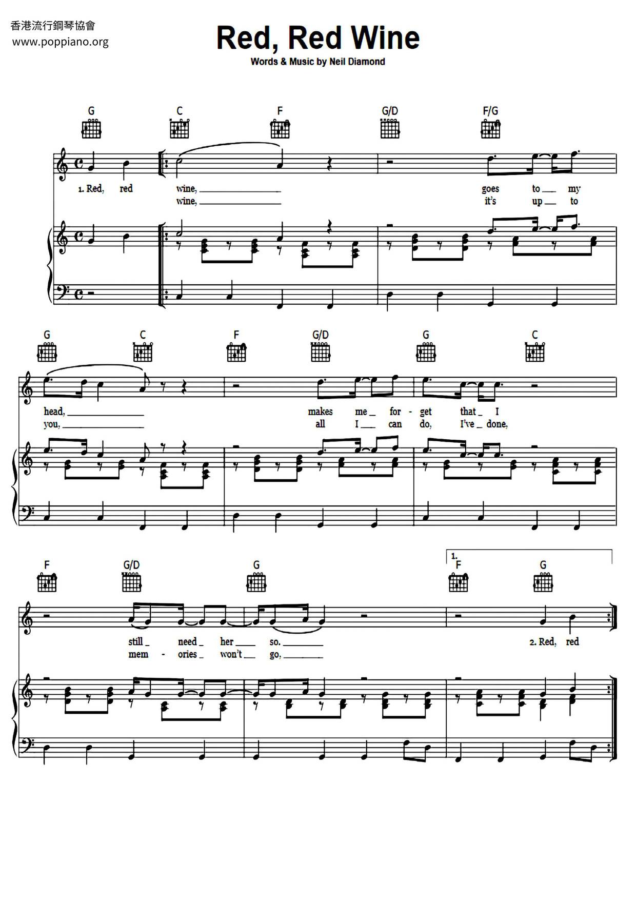 UB40Red, Red Wine Sheet Music pdf, Free Score Download ★