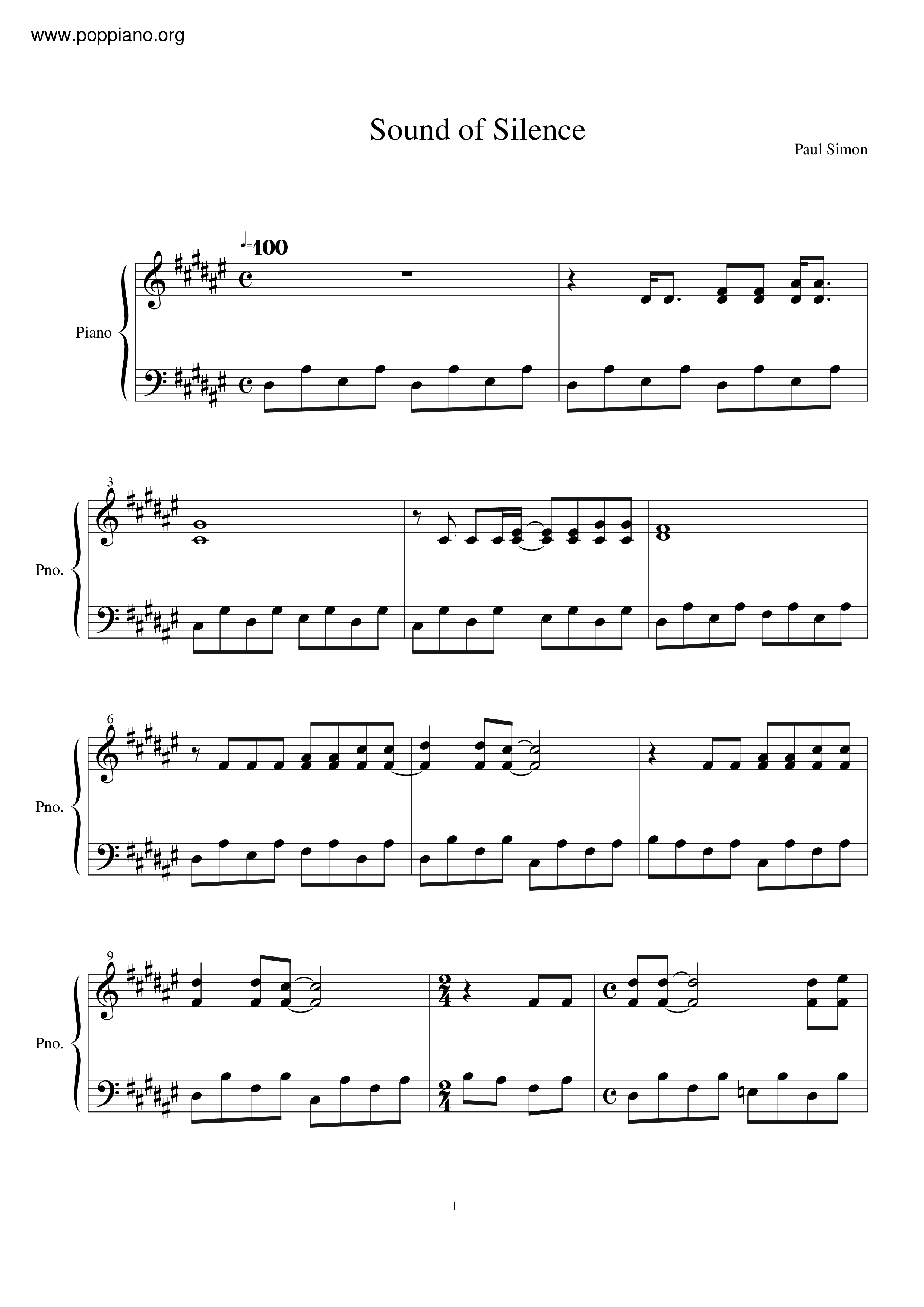 Simon & GarfunkelThe Sound Of Silence 琴譜/五線譜pdf香港流行鋼琴協會琴譜下載 ★