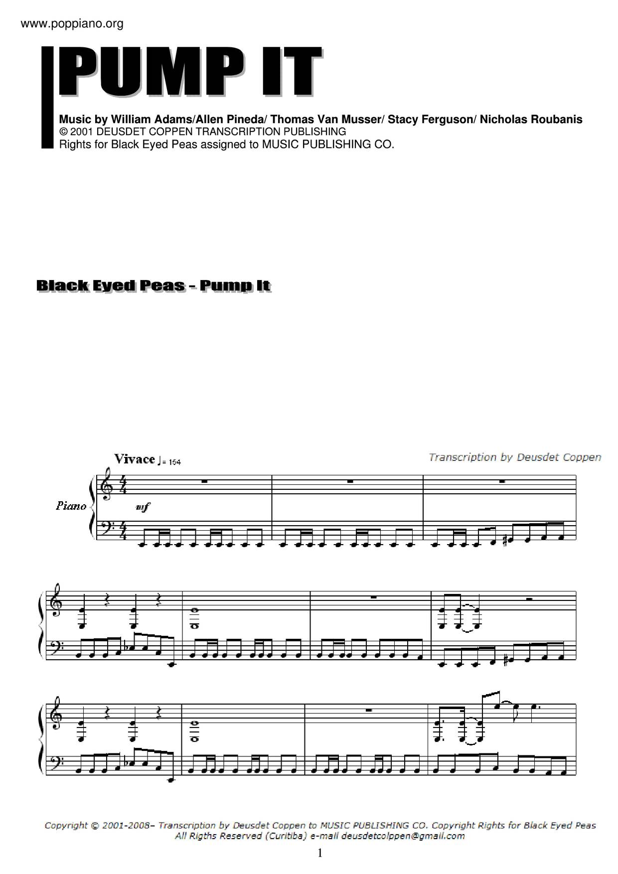 Black Eyed Peas Pump It Sheet Music Pdf Free Score Download