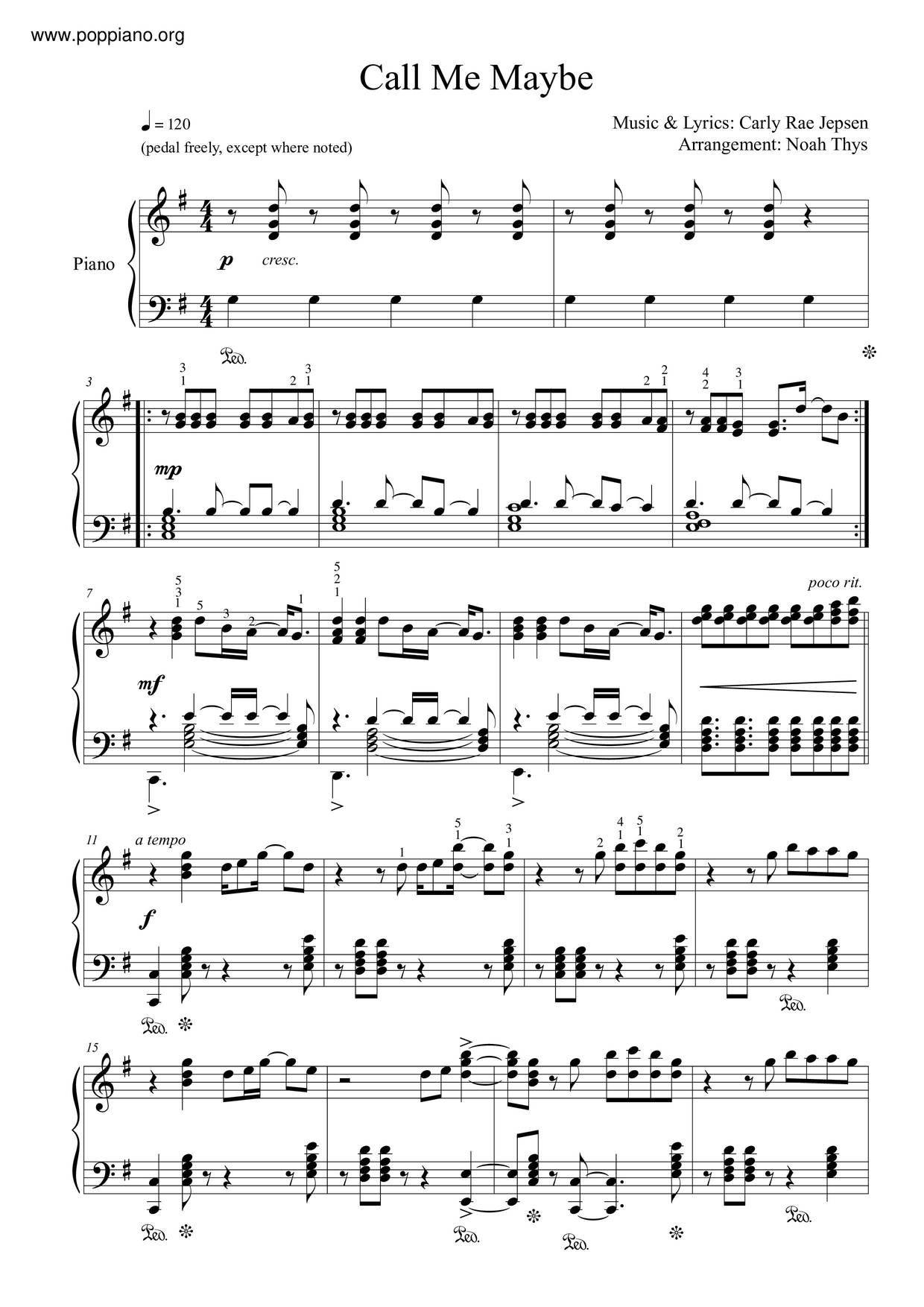 Carly Rae Jaspen Call Me Maybe Sheet Music Pdf Free Score Download