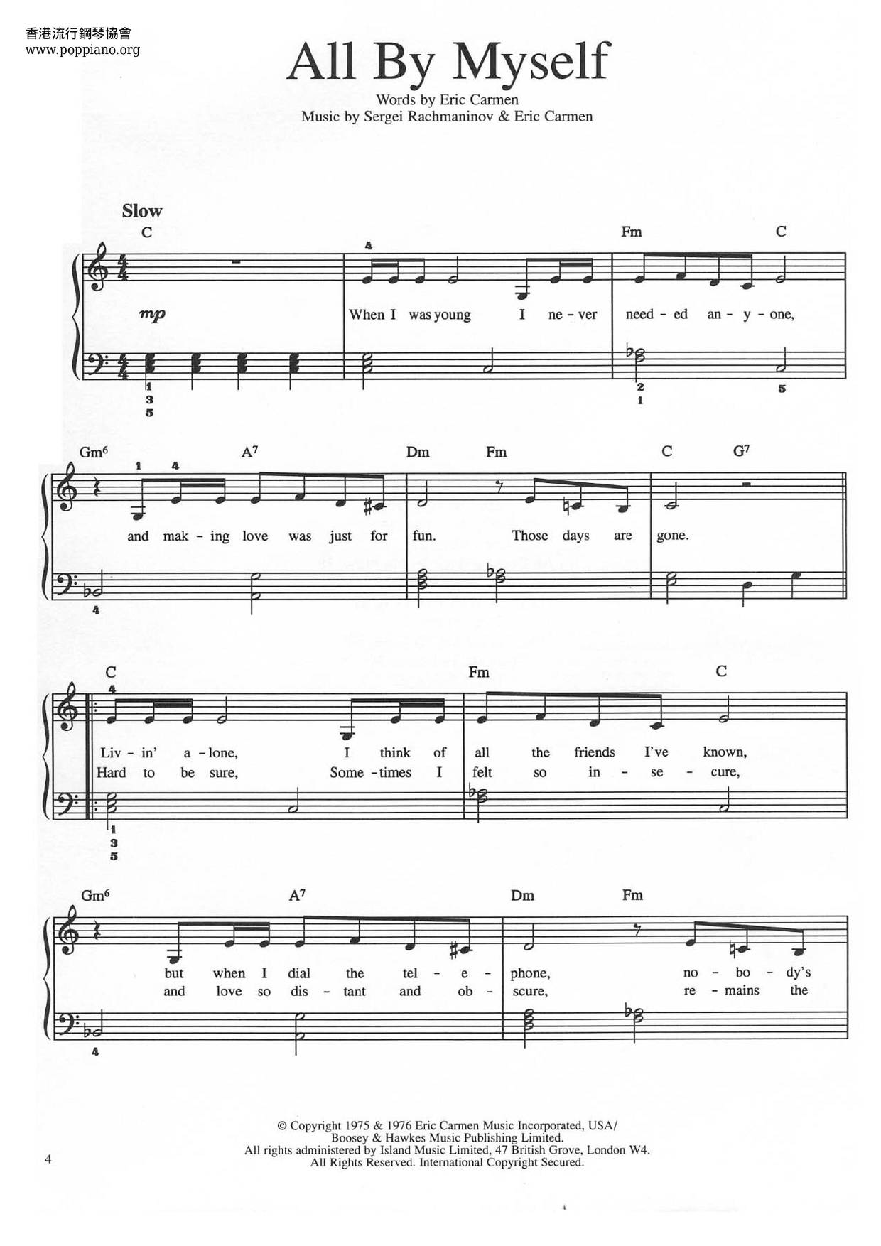 ALL BY MYSELF Easy Sheet music | Easy Sheet Music