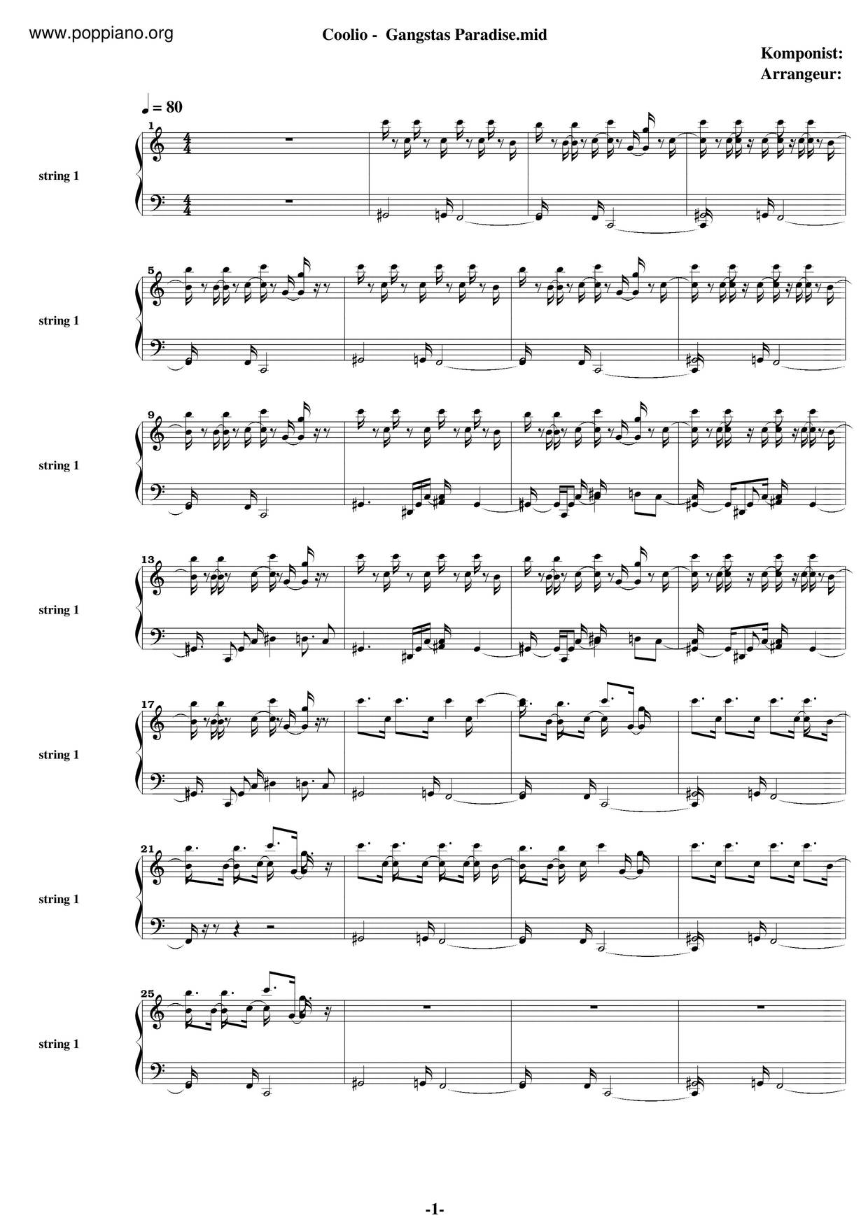 Coolio Gangsta S Paradise Sheet Music Pdf Free Score Download