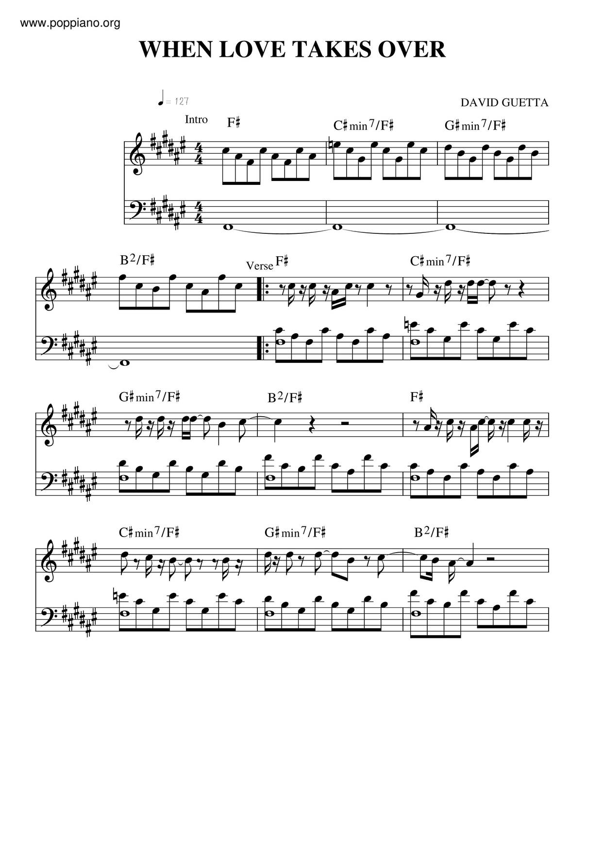 David Guetta, Kelly RowlandWhen Love Takes Over 琴譜/五線譜pdf香港流行鋼琴協會琴譜下載 ★