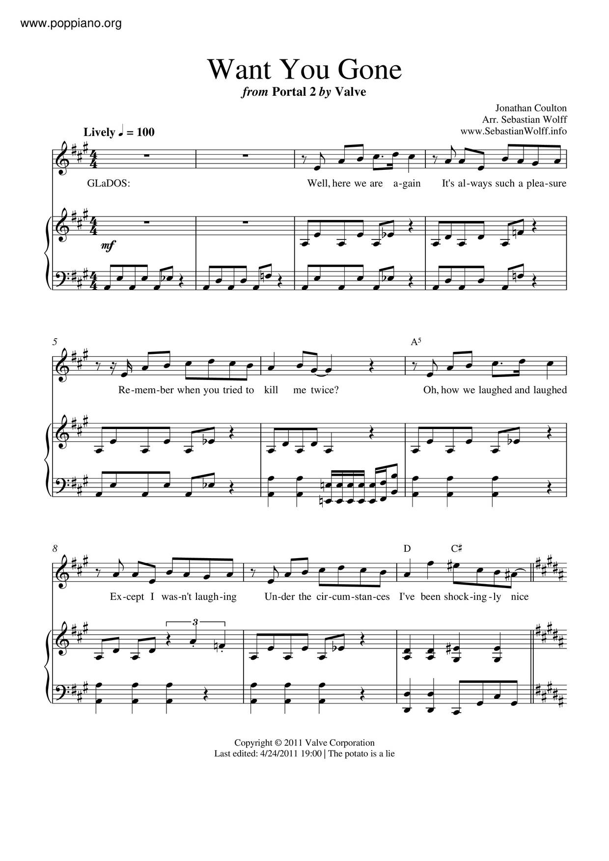 Jonathan Coulton Want You Gone Portal 2 Sheet Music Pdf Free Score Download Jonathan Coulton Want You Gone Portal 2 Sheet Music Pdf Free Score Download