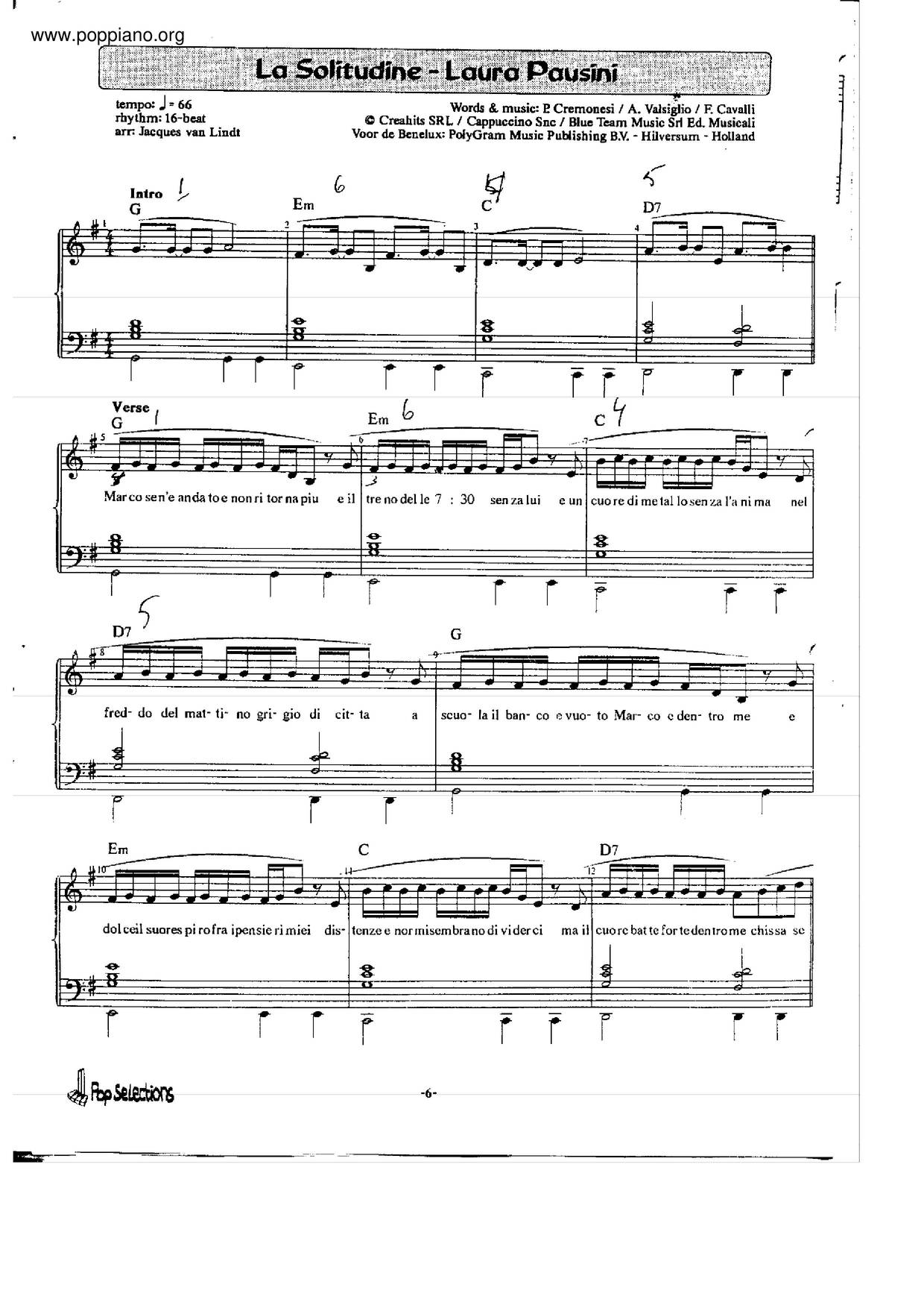 Laura Pausini-La Solitudine Sheet Music pdf, - Free Score Download ★