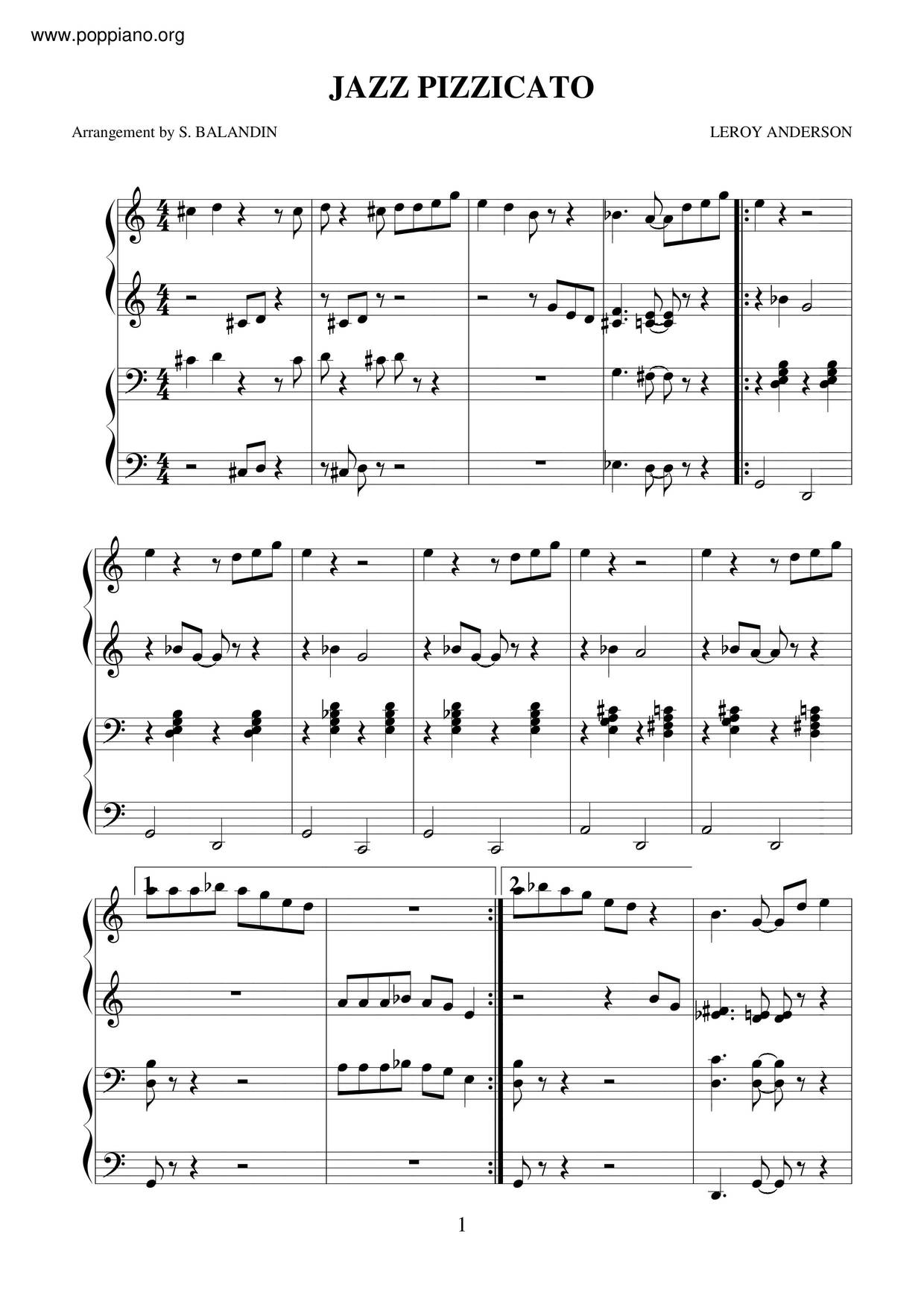 Leroy AndersonJazz Pizzicato 琴谱/五线谱pdf香港流行钢琴协会琴谱下载 ★