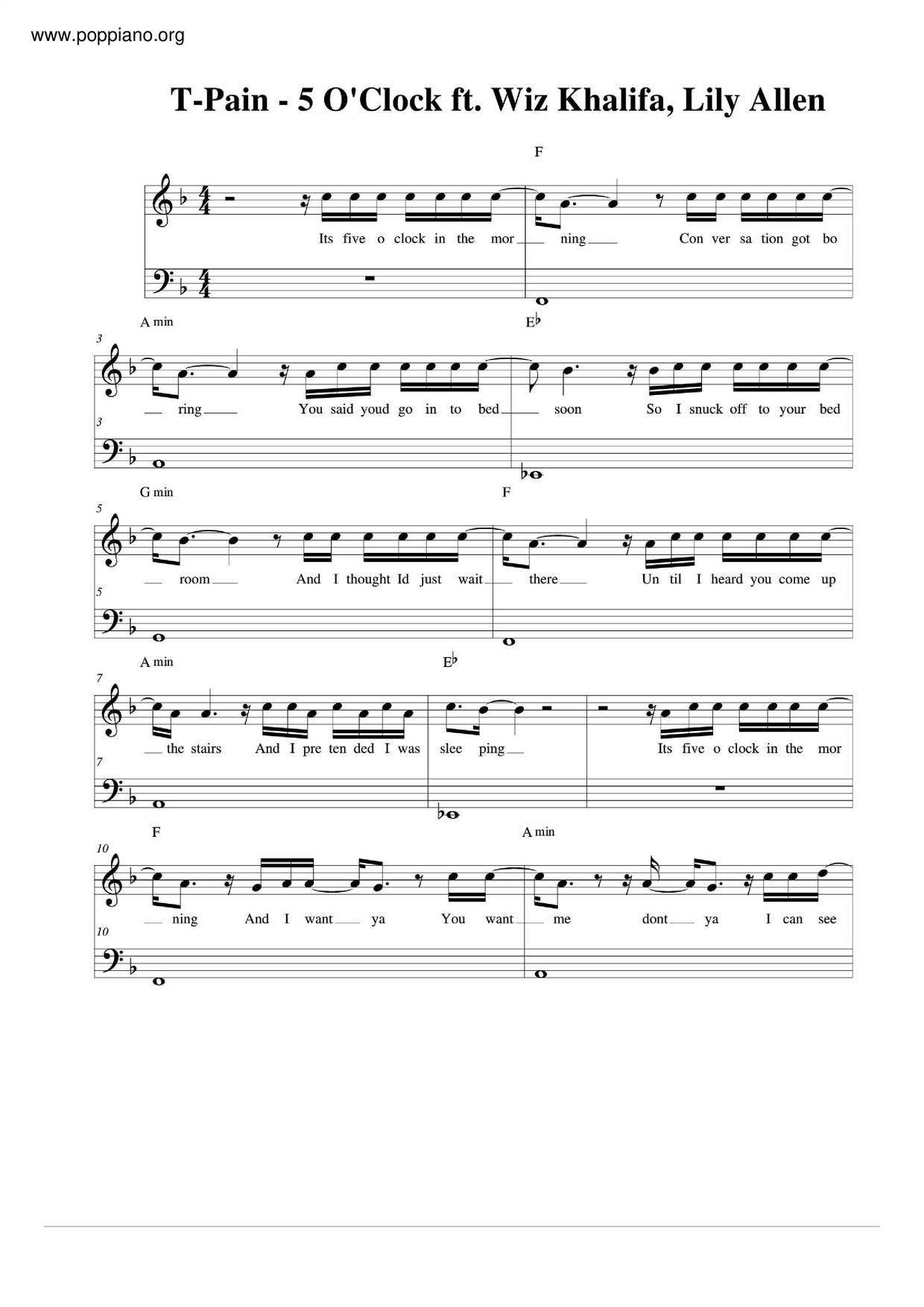 TPain, Wiz Khalifa, Lily Allen5 O'Clock Sheet Music pdf, Free Score