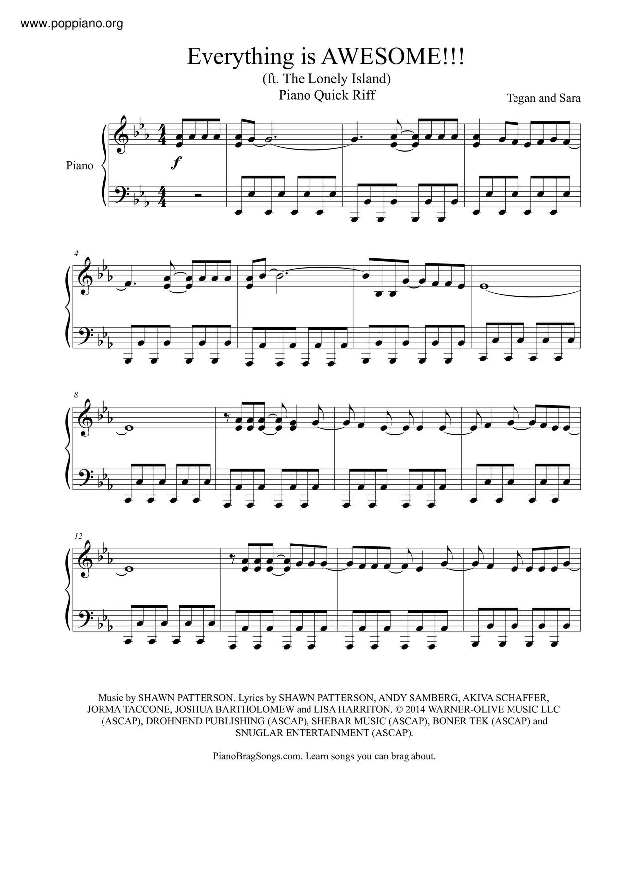 ★Tegan And Sara, The Lonely Island Everything Is Awesome ピアノ譜pdf 香港