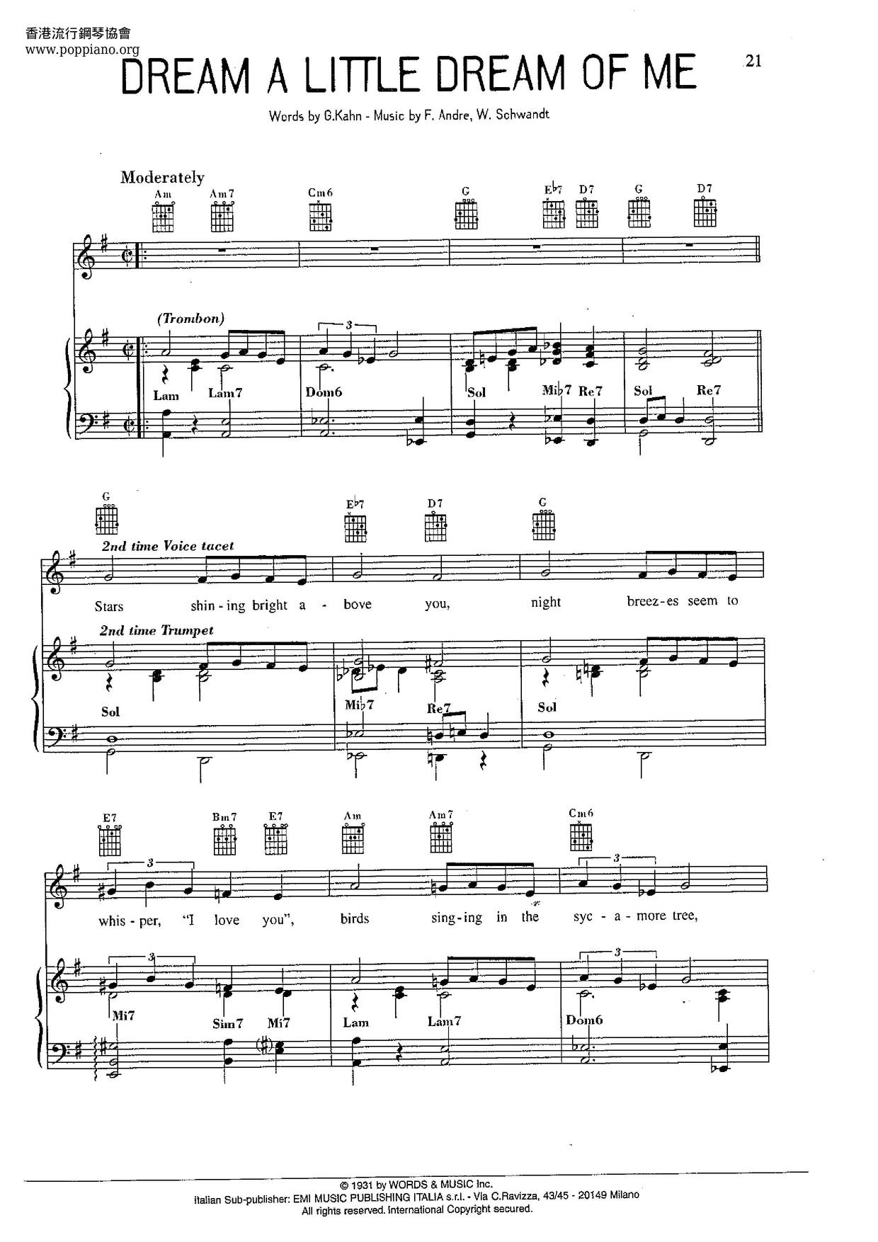 Dream a Little Dream of Me PDF無料ピアノ譜 gakufu 香港ポップピアノ協会 ★