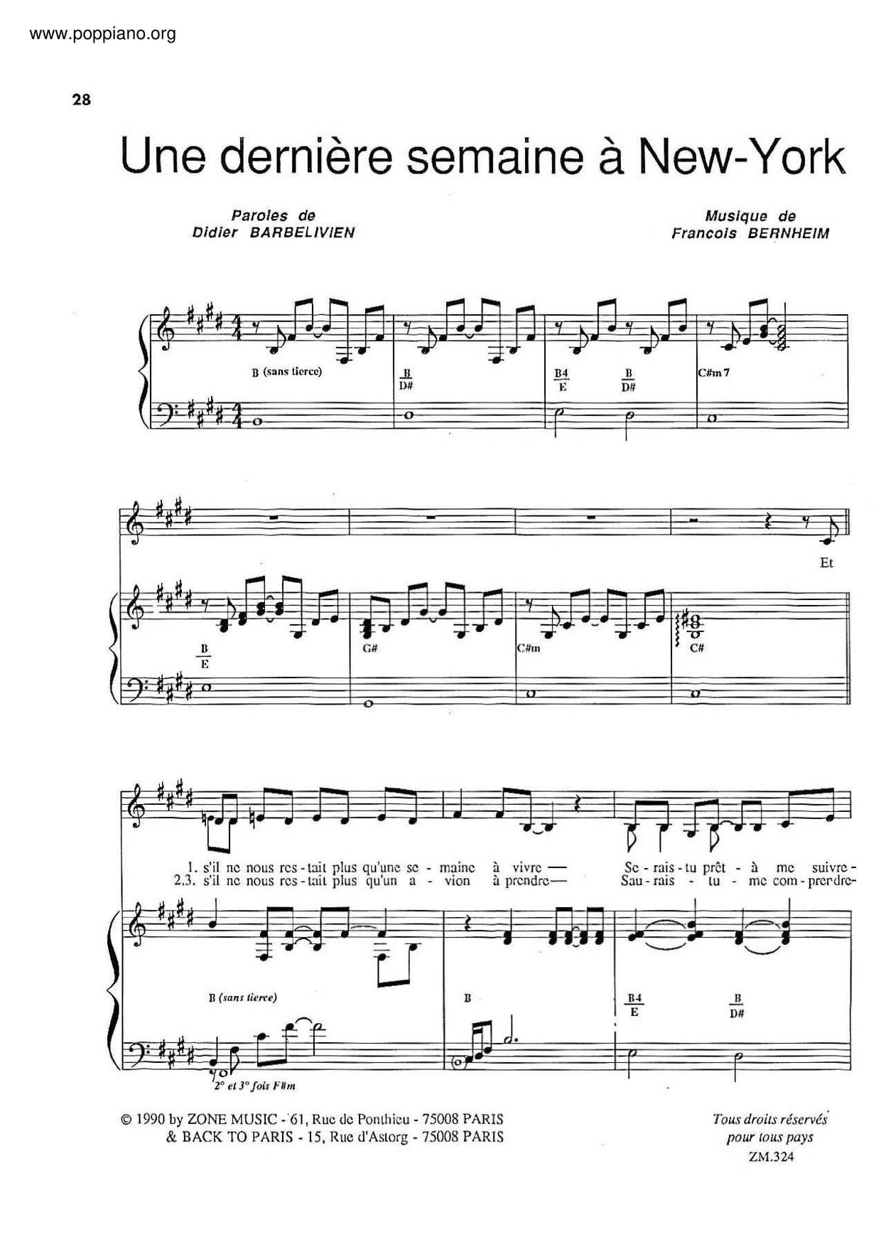Une Derniere Semaine A New-York琴譜