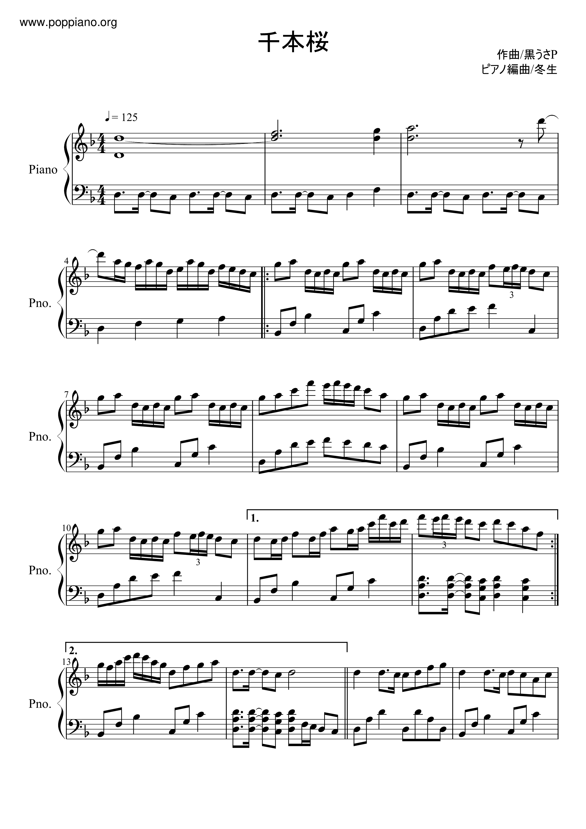 Hatsune Miku Chimoto Sakura Senbonzakura Sheet Music Pdf 千本桜 楽譜 初音ミク Free Score Download