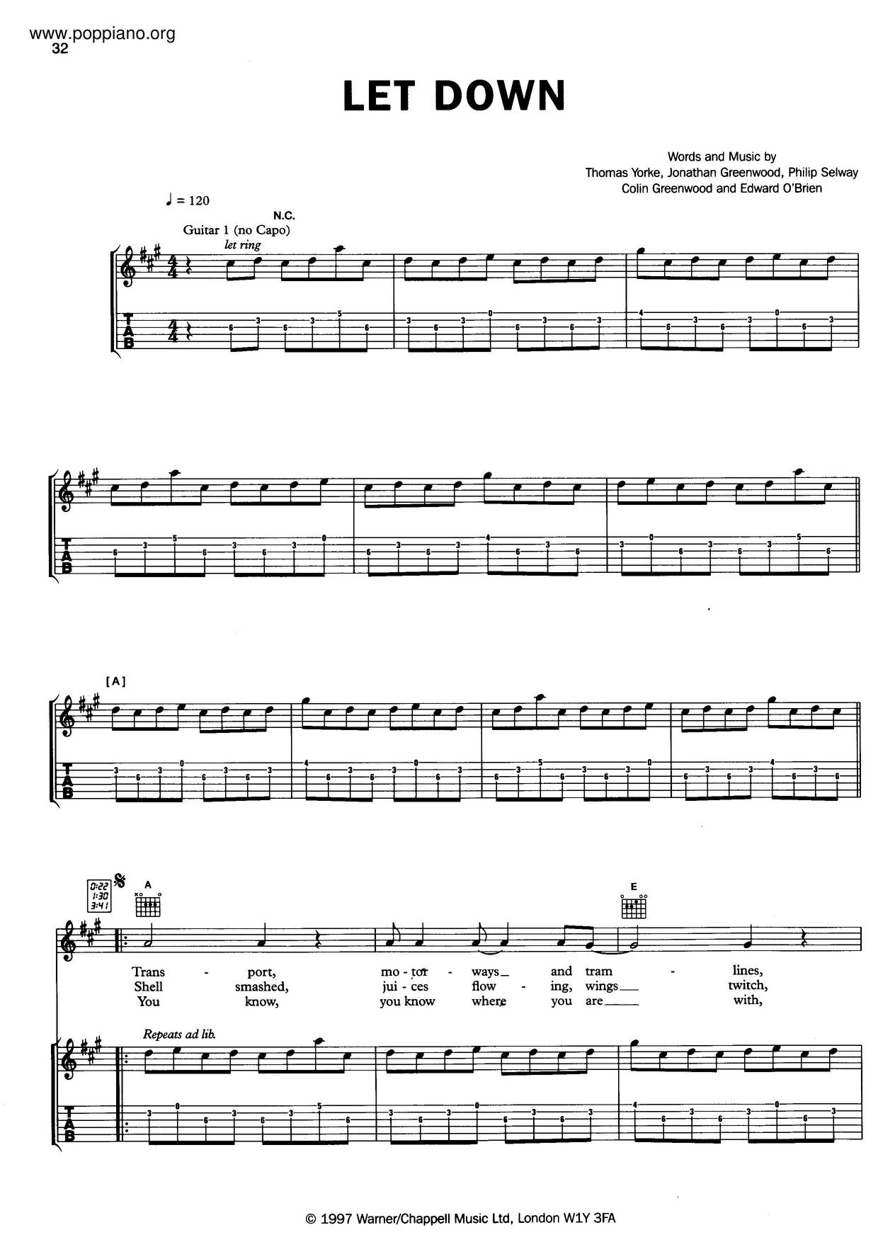 RadioheadLet Down Sheet Music pdf, Free Score Download ★