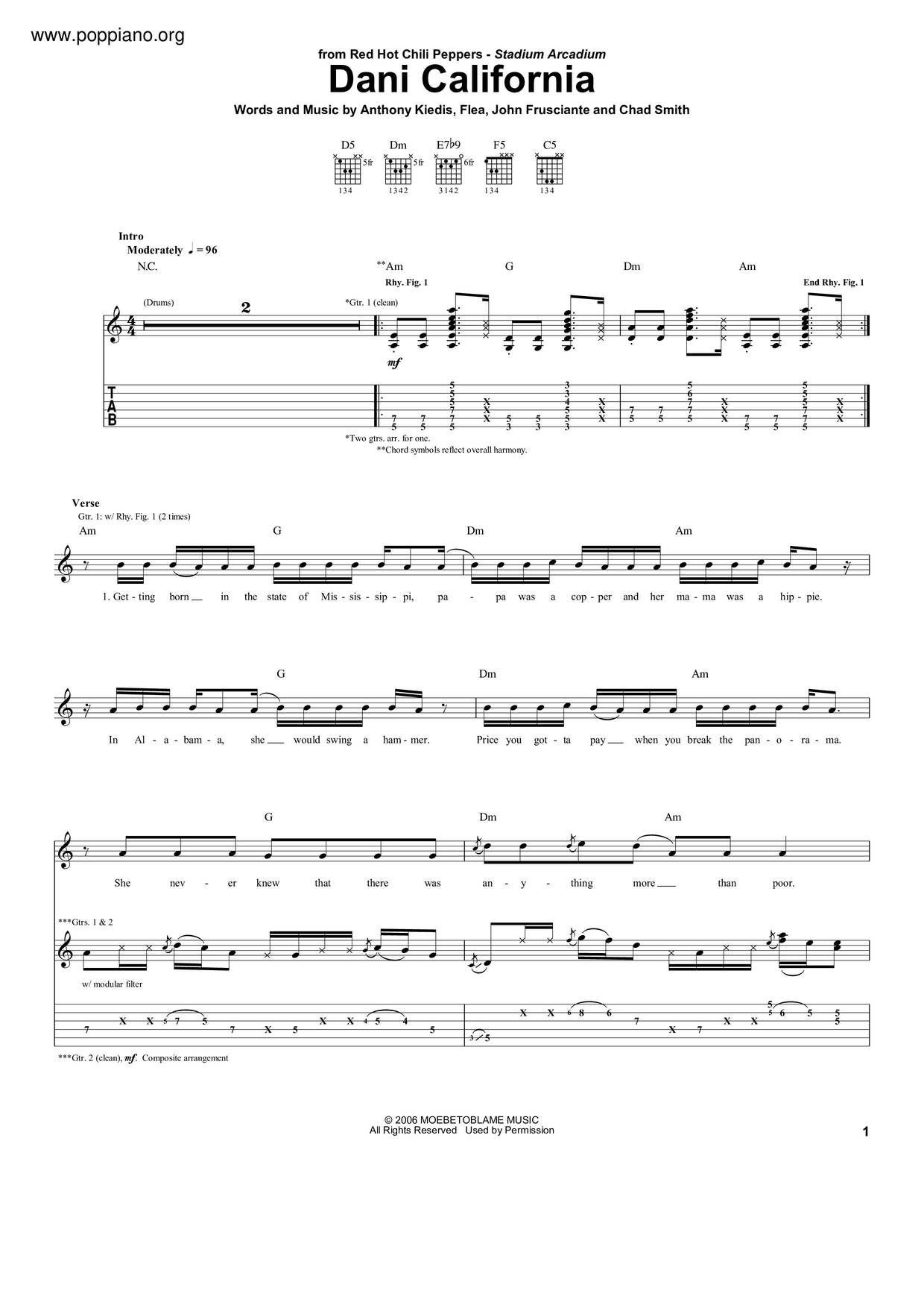 Red Hot Chili Peppers Dani California Sheet Music Pdf Free Score Download