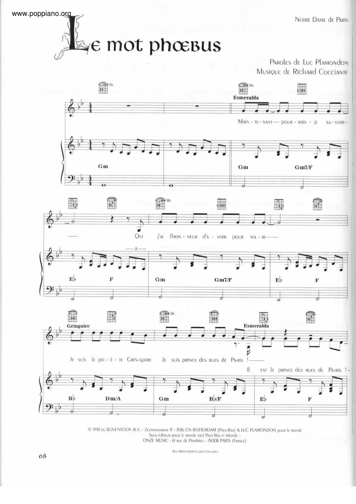 Richard CoccianteLe Mot Phoebus (Notre Dame De Paris) Sheet Music pdf