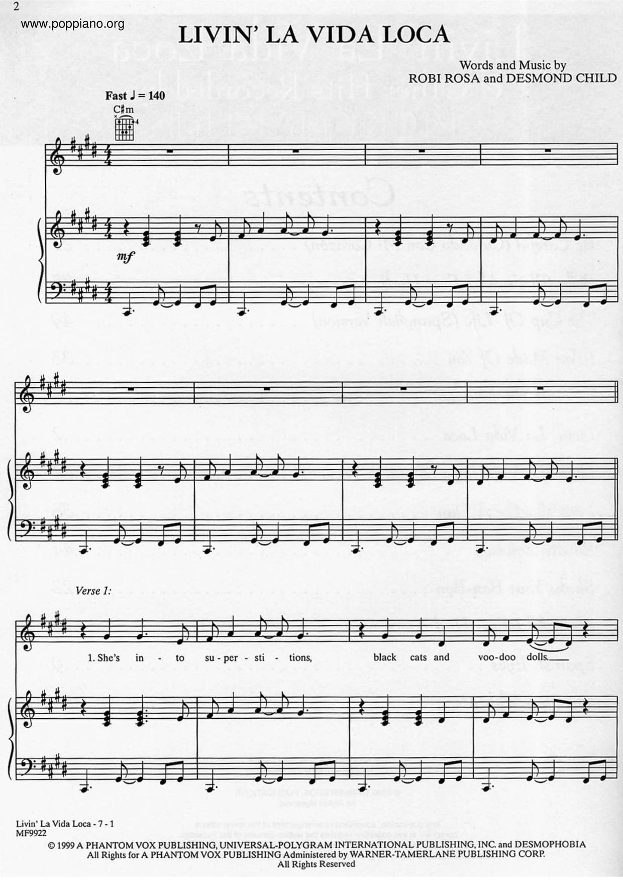 Ricky Martin Livin La Vida Loca Sheet Music Pdf Free Score Download