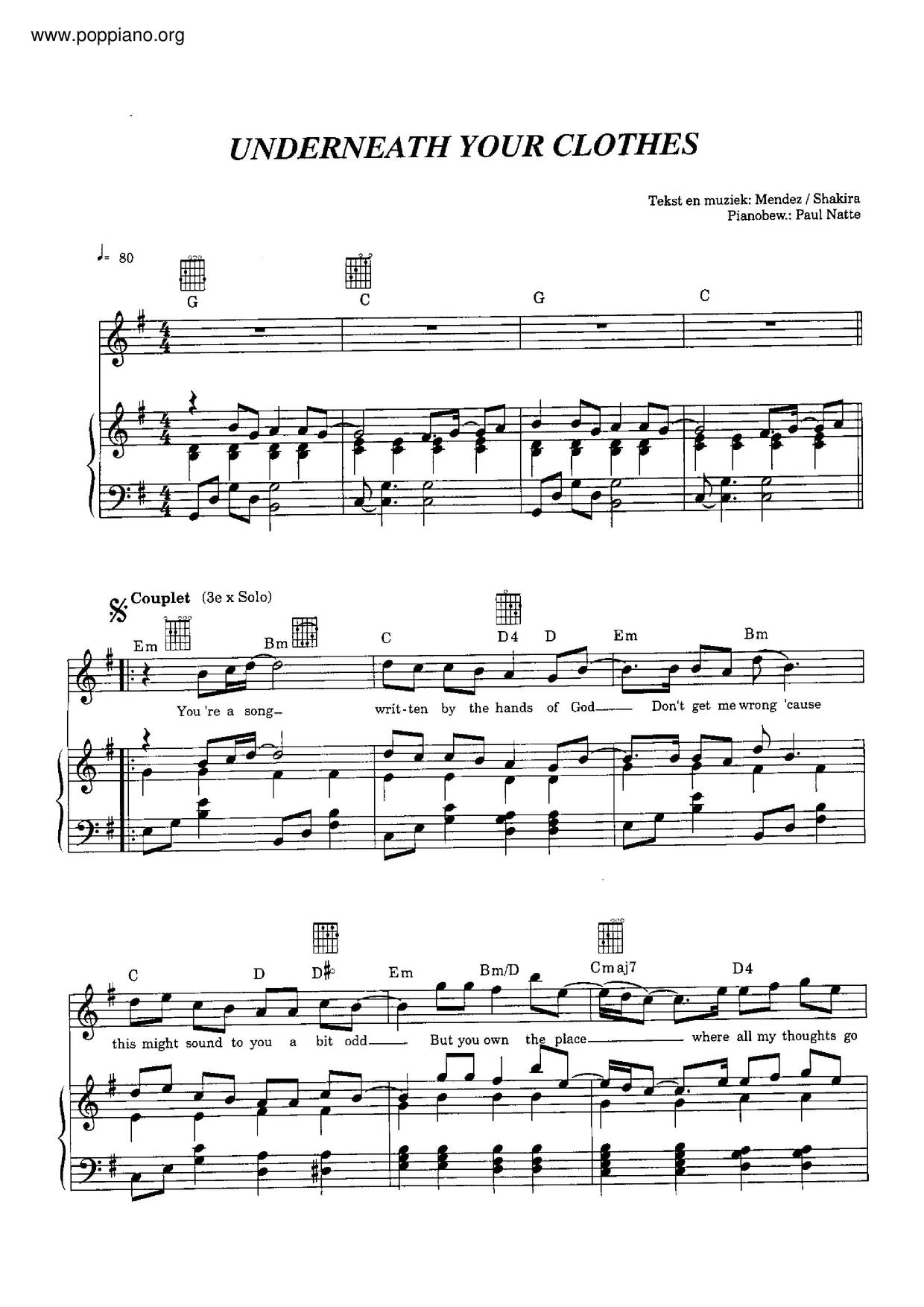 Shakira Underneath Your Clothes Sheet Music Pdf Free Score Download