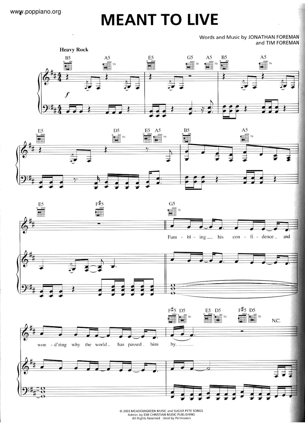 SwitchfootMeant To Live Sheet Music pdf, Free Score Download ★