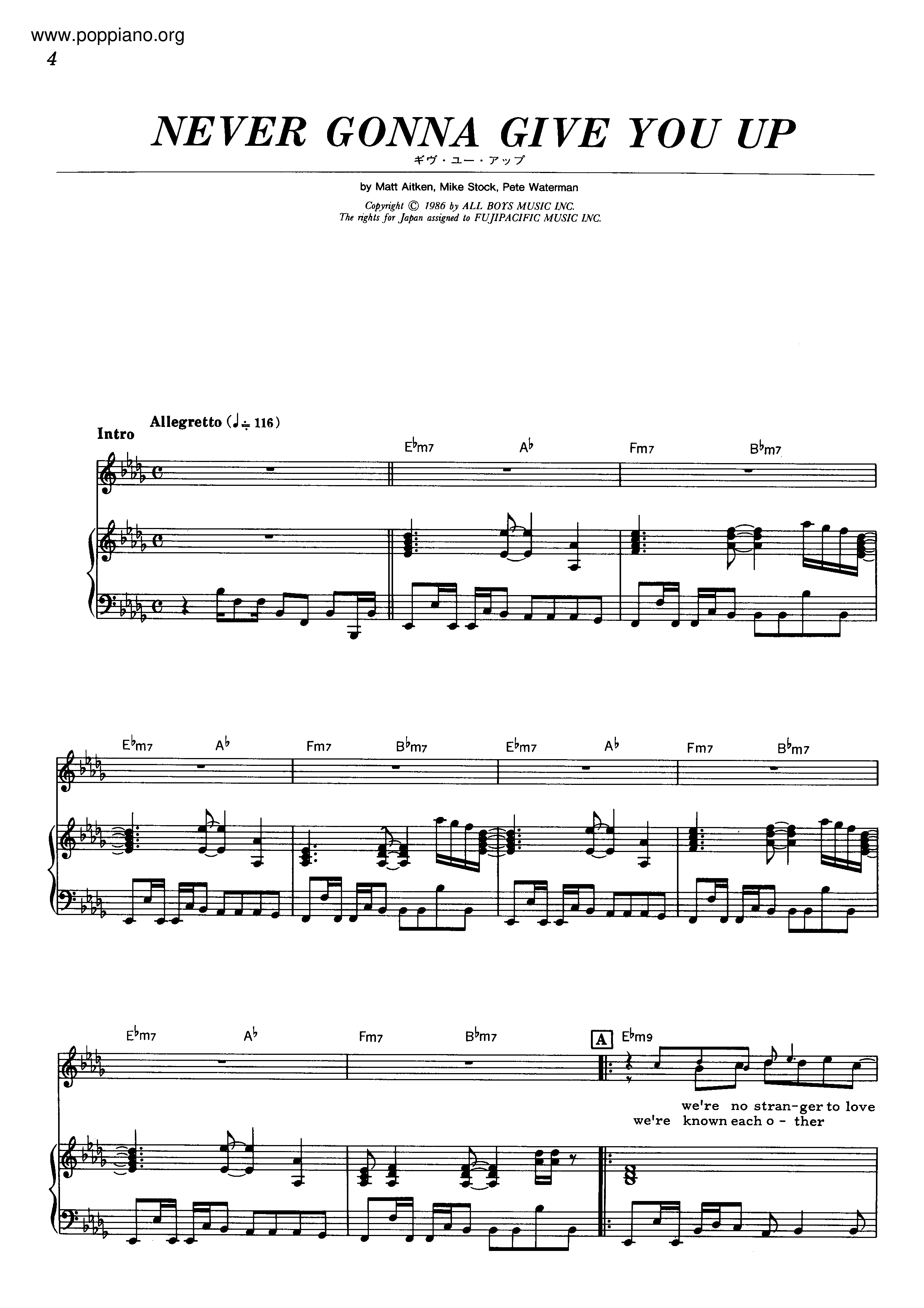 Rick AstleyNever Gonna Give You Up Sheet Music pdf, Free Score Download ★