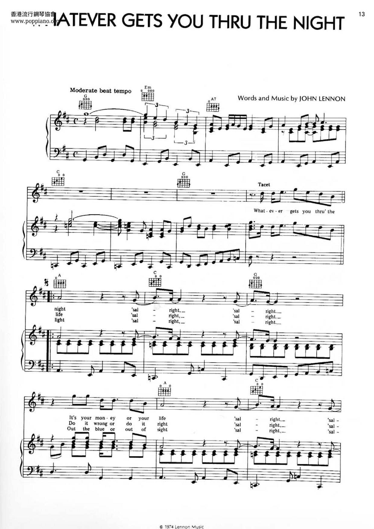 john-lennon-whatever-gets-you-thru-the-night-sheet-music-pdf-free
