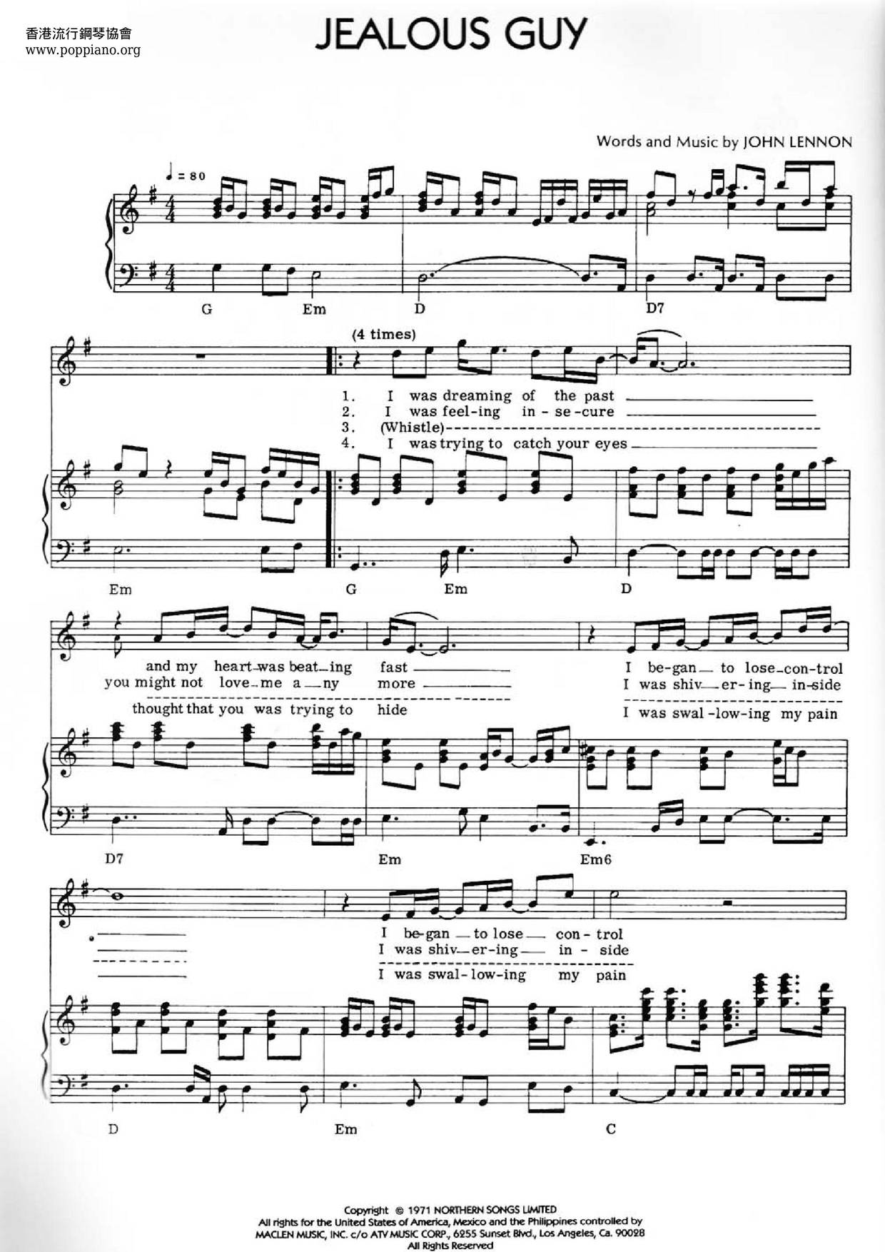John Lennon Jealous Guy ピアノ譜pdf 香港ポップピアノ協会 無料pdf楽譜ダウンロード Gakufu