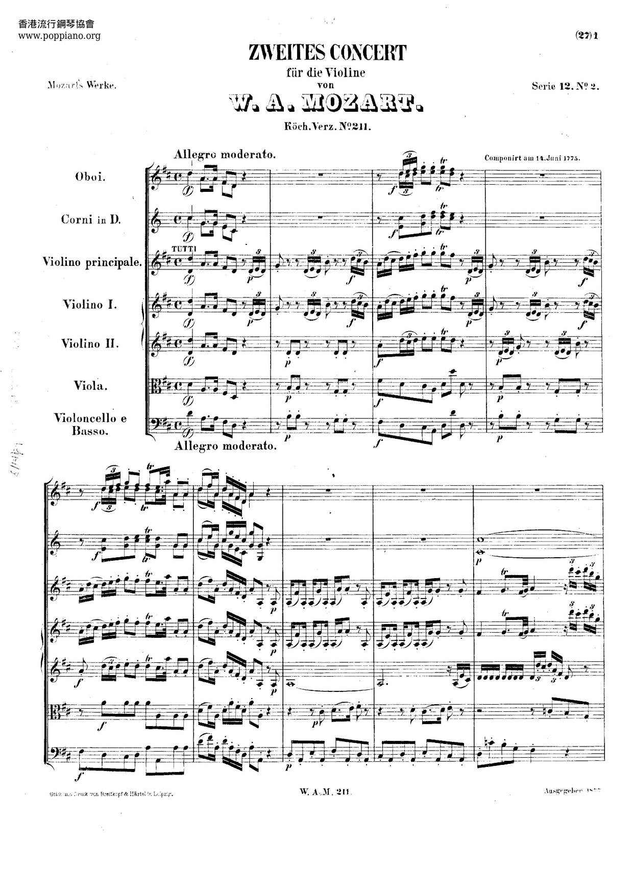 MozartViolin Concerto No. 2 In D Major, K. 211 Sheet Music pdf, Free