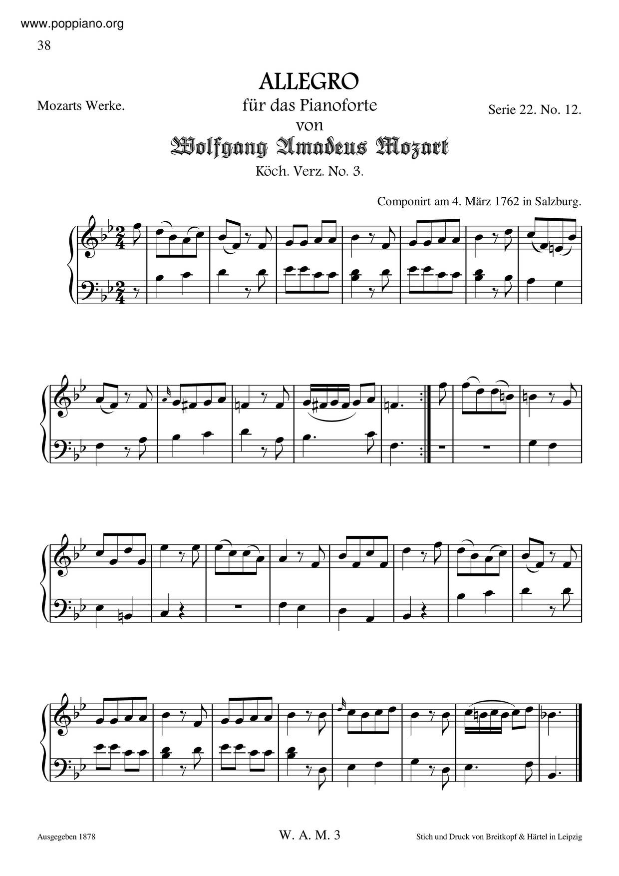 Wolfgang Amadeus Mozart Allegro K3 Sheet Music Notes, Chords Download